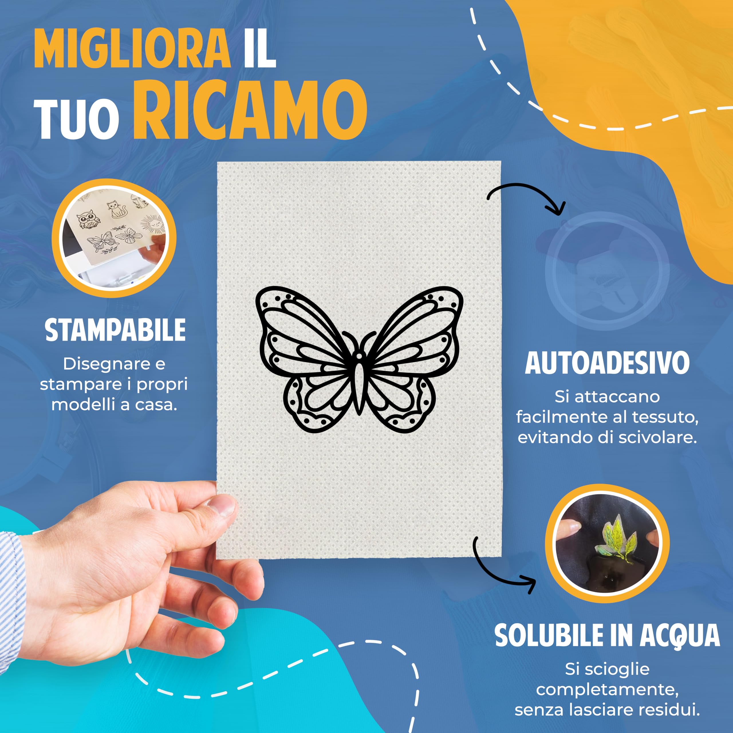 Carta Adesiva Idrosolubile per Ricamare – 16 Fogli A4 Stampabili – Carta per Ricamo Adesiva e Solubile in Acqua – Stabilizzatore Ricamo per Stick and Stitch, per Ricamare a Mano o Macchina