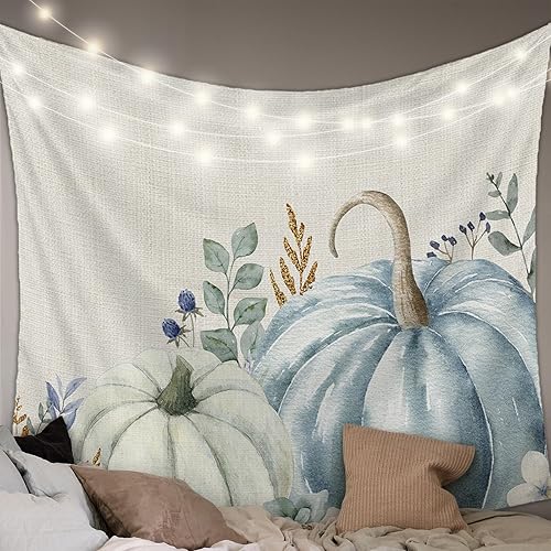 Tapiz de calabaza azul para colgar en la pared, hojas de flores, calabazas blancas, tapiz estético de otoño para dormitorio, sala de estar, disponible en Yaxa El Salvador