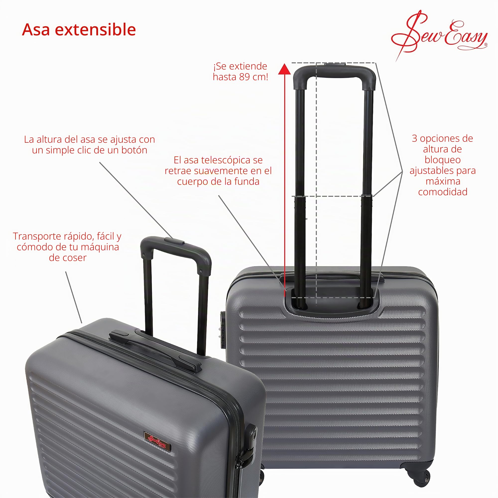 Sew Easy Carro para máquina de coser – Maletín rodante para máquina de coser con 4 ruedas, funda de transporte acolchada con cerradura para máquinas de coser, metallic silver, 24 x 44 x 46cm, Estándar
