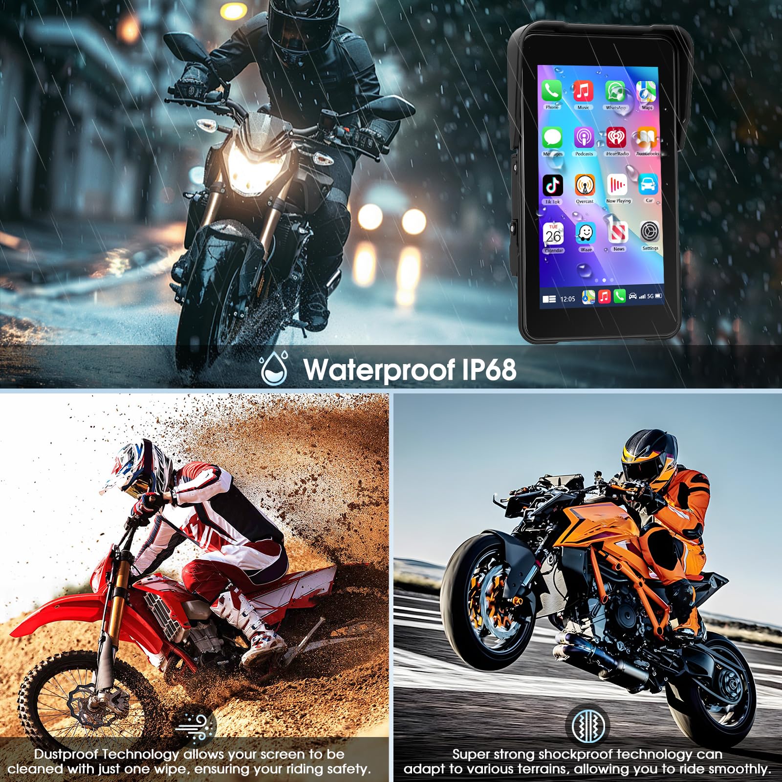 Navigatore per moto con Apple CarPlay e Android Auto Wireless, Autoradio Portatile Touchscreen HD 5 Pollici Bluetooth FM Impermeabile IP68