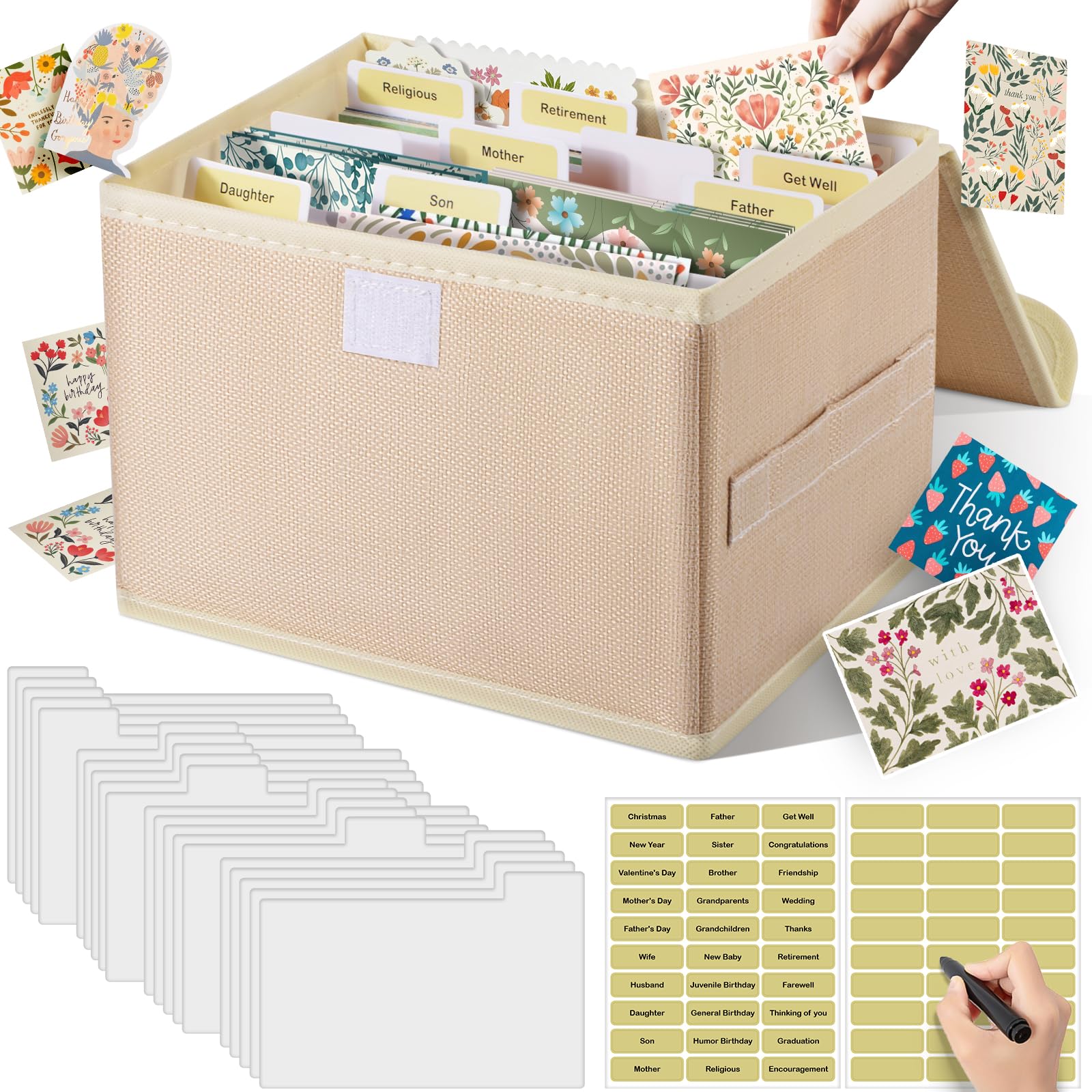Greeting Card Organizer Box with Dividers, Greeting Card Organizer Storage Box Storing 120+ Cards with 20 Divider Cards, 2 Custom Labels for Photos, Crafts, Scrapbooking, Paper