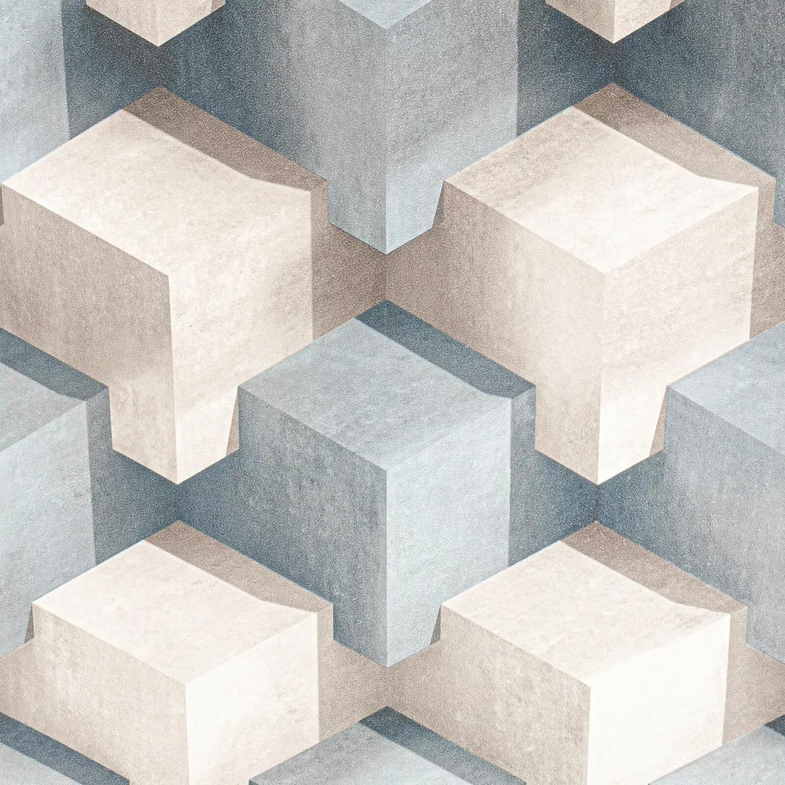 Sophie Laurence Blue & Grey Blue Grey 3D Cube Damask Textured Wallpaper – Thick Vinyl, 10.05M X 0.53M, Non-Pasted, Washable, Strippable, Rustic Style, Made In France