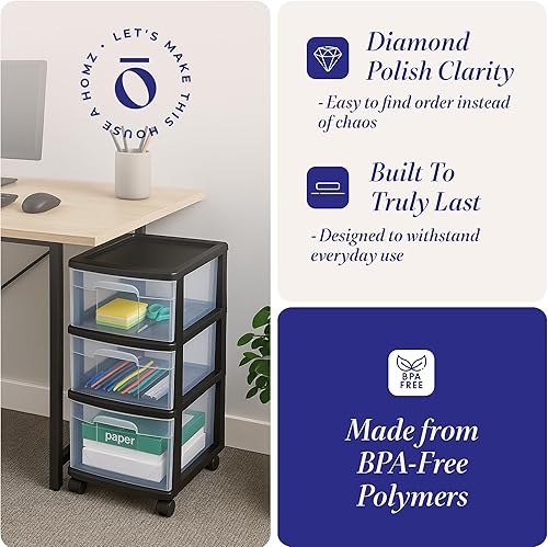 Miniatura 5 de Homz Contenedor de plástico con 3 cajones transparentes medianos para organización del hogar con 3 cajones grandes con ruedas extraíbles, marco
