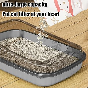 Cat Litter Tray High Sided - Open Top Cat Litter Box with Scoop & Detachable Rim | Anti-Splash Plastic Kitten Toilet Easy to Clean Non Stick Semi Enclosed Pet Litter Box for Cats Kittens (Gray)