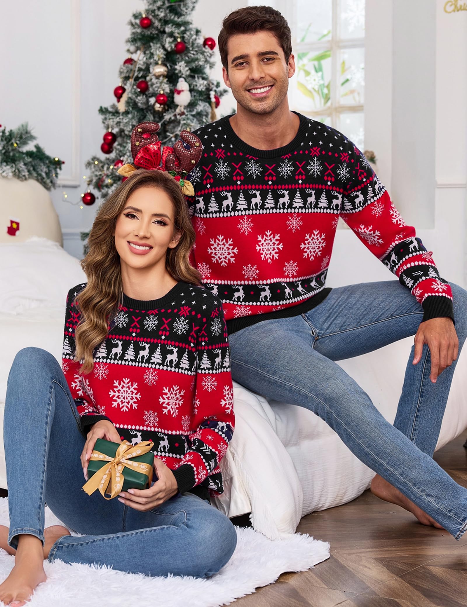 Aottori Pull de Noël Femme Homme Renne Imprimé Col Rond Maille Tricotée