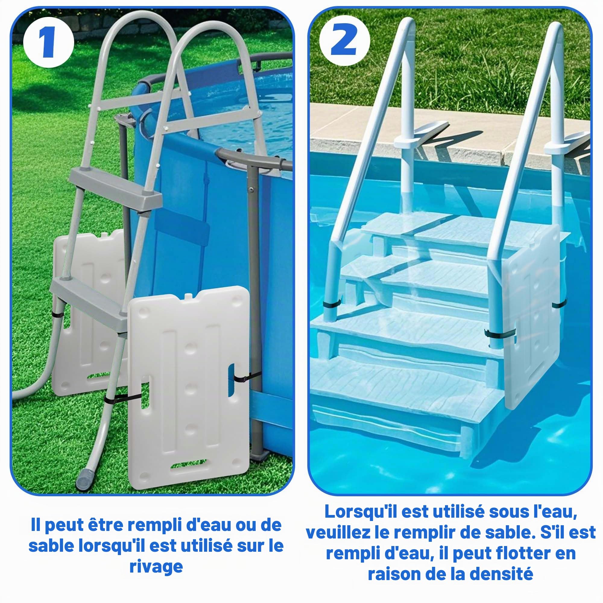 Lot de 2 échelles de piscine de 60 cm x 35 cm, poids de marche de piscine robuste, conteneur de poids d’escalier de piscine amovible pour remplissage facile d’eau et de sable en sous-sol
