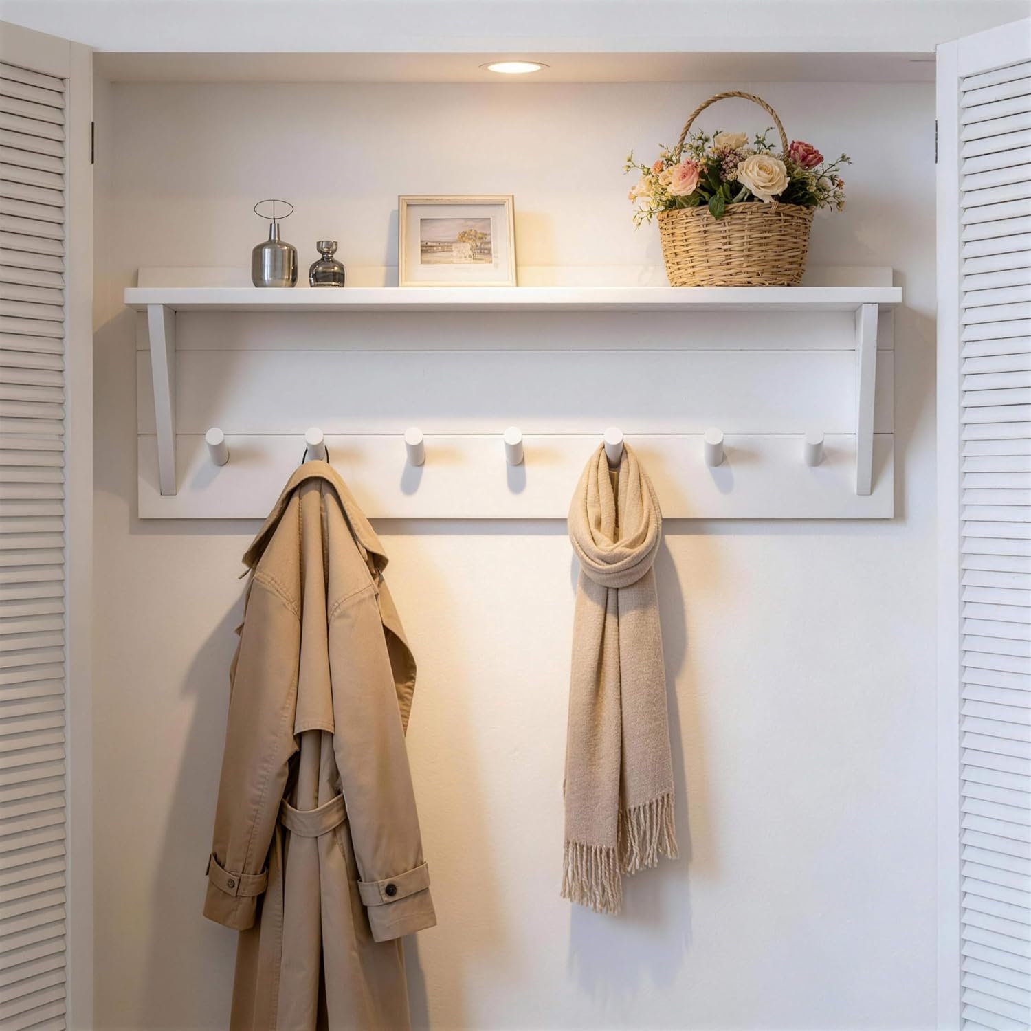 WEBI Coat Rack Wall Mount with Shelf,30" Long Entryway Wall Shelf with Hooks Underneath,7 Peg Hooks for Hanging Coats,Caps,Jacket,Clothes,White
