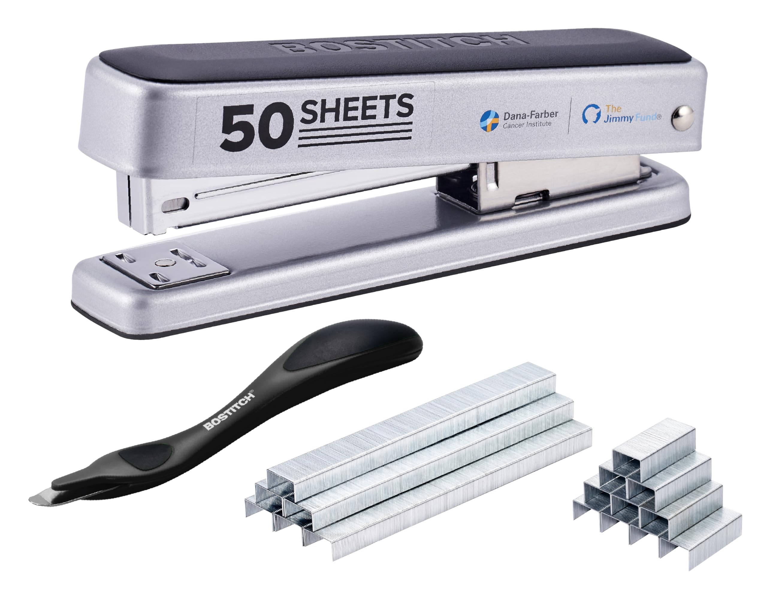 Bostitch Titan Heavy Duty Metal Stapler, 50 Sheet Capacity with 1250 Standard Staples and 500 Extended Staples, Ergonomic Staple Remover, Jam Free Stapling, Full Strip Stapler, Silver
