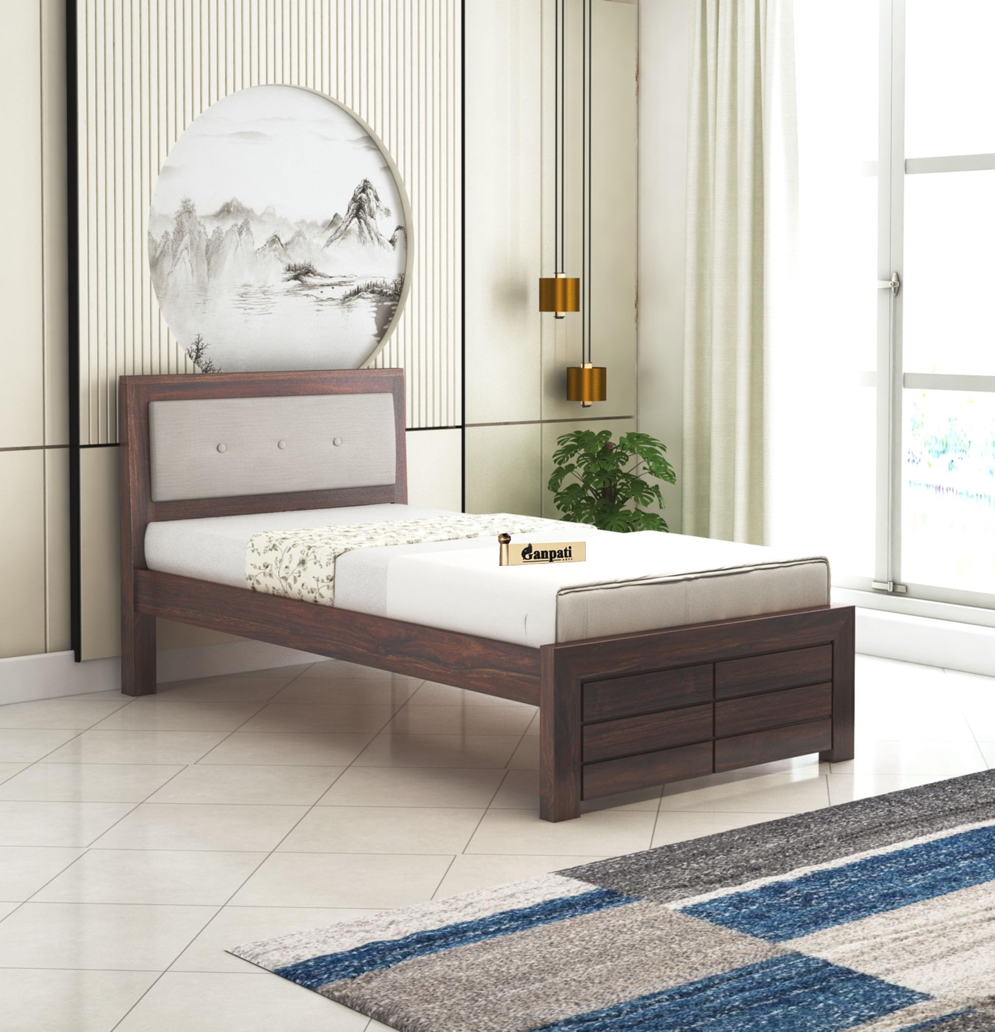 Ganpati Arts Solid Sheesham Wood Single Size upholstered Euro Bed Without Storage | Wooden Single Bed Cot Palang Furniture for Bedroom Living Room Home and Hotel (Walnut Finish)
