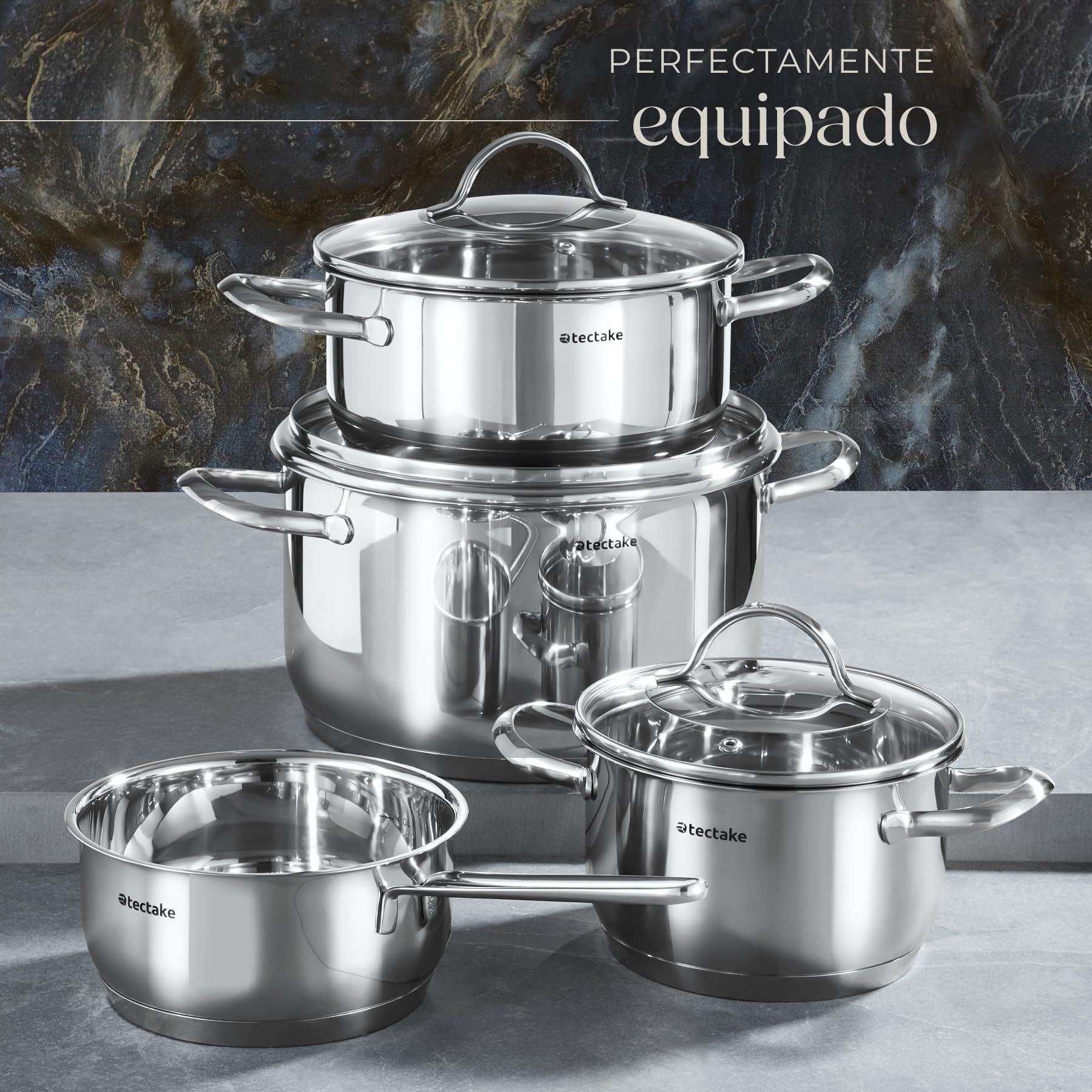 tectake® Juego de 3 Ollas con Tapa, 7 Piezas en Acero Inoxidable, Apto para Inducción, Escala de Medición, Asas Resistentes al Calor, Tapa de Cristal con Salida de Vapor, Ideal Cocinas y Camping
