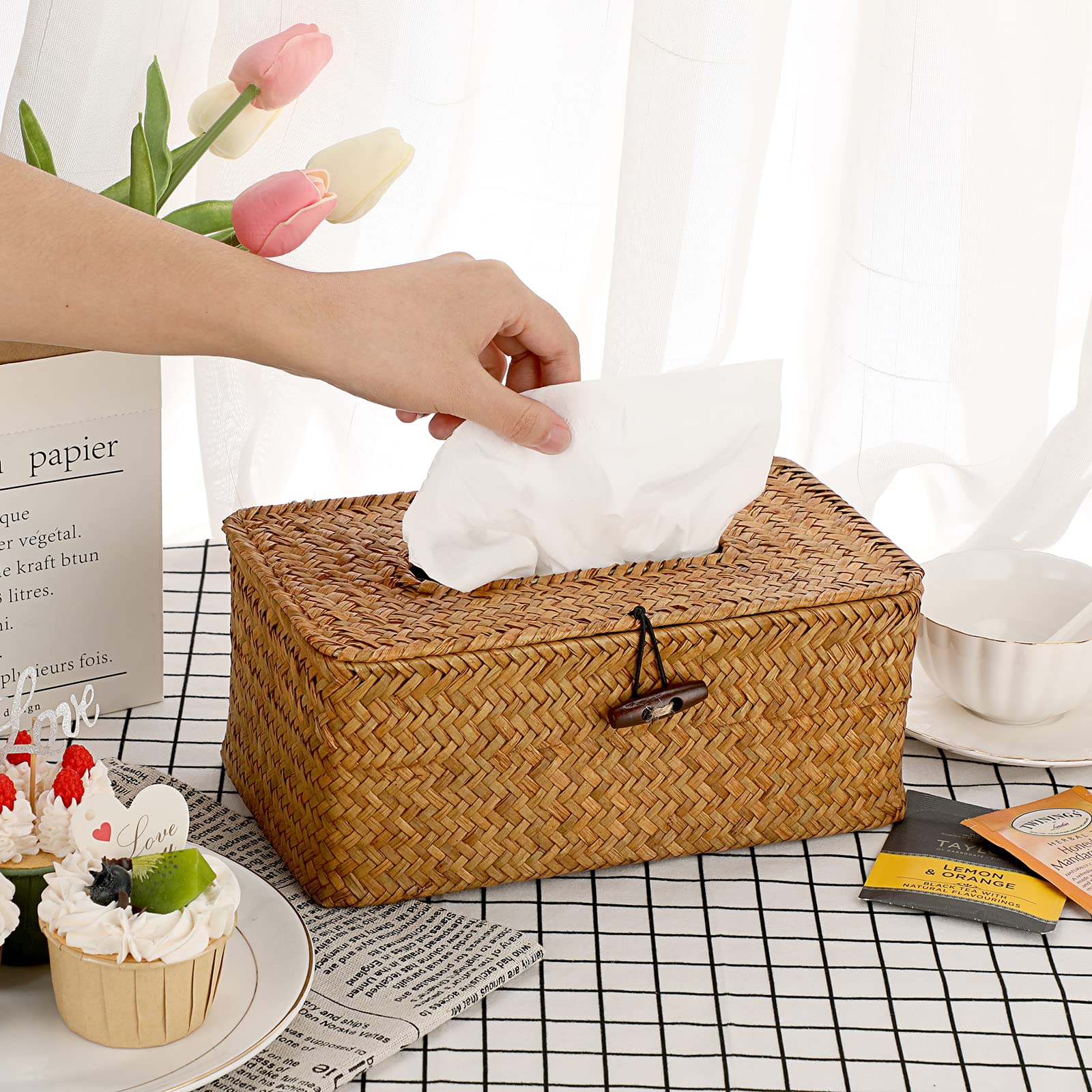 BTSKY Scatola rettangolare per fazzoletti facciali in alghe marine, decorativa in vimini intrecciato, organizer per cucina, bagno, ufficio e hotel, caramello