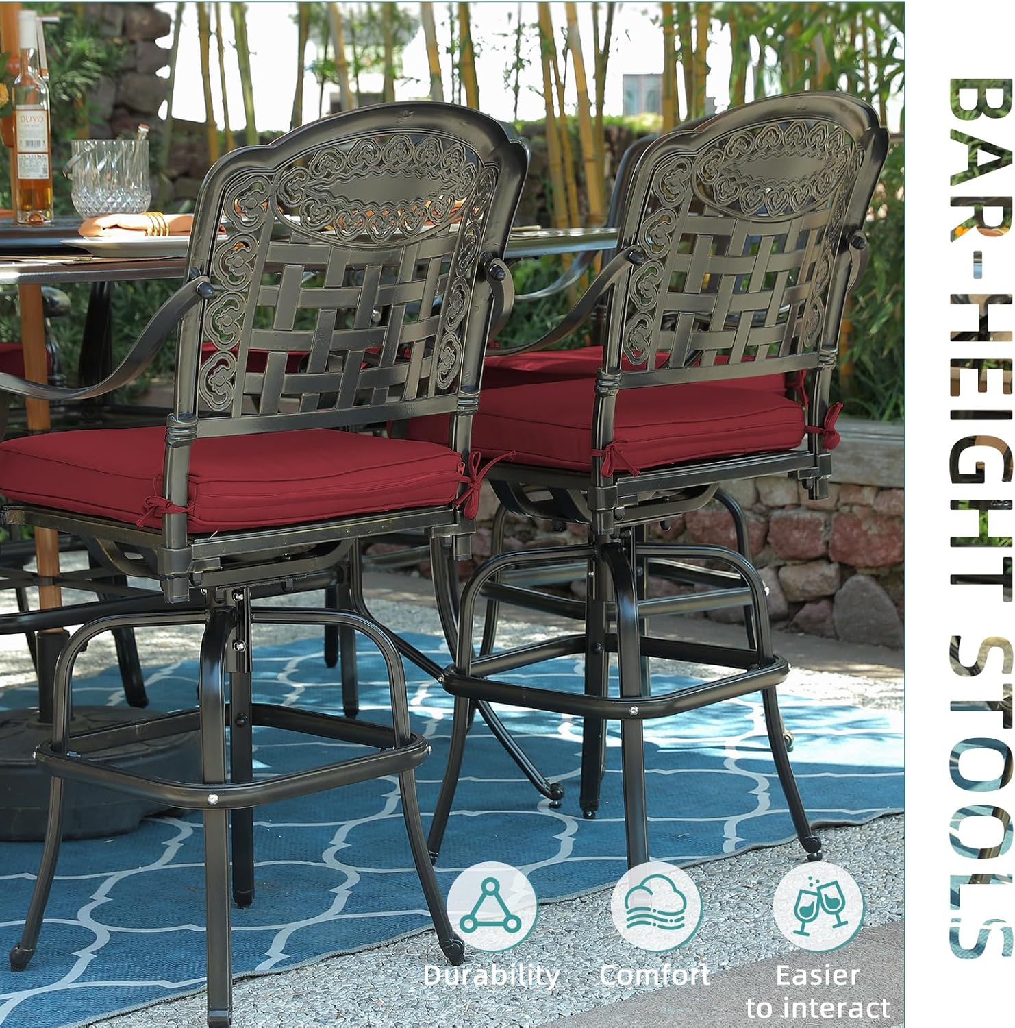 MEETWARM Outdoor Swivel Bar Stools Set of 2, All-Weather Cast Aluminum Bar Height Bistro Chairs with Footrest, High Back and Armrest, High Top Patio Bar Chairs with Cushion for Poolside Deck Backyard