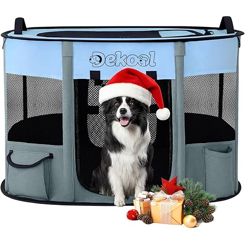 Dekool Foldable Dog Cat Playpen, Portable Dog Crate for Puppies, Cat, Puppy Play Pen for Indoors, Kennel Tent Crate for Indoor Outdoor Travel Camping Use with Carrying Case (Blue, M)