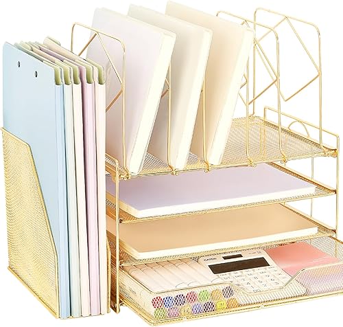 Spacrea Desk Organizers and Accessories, 4-Tier Letter Trays Paper Organizer with File Holder and Drawer, File Organizer for Home Office Supplies