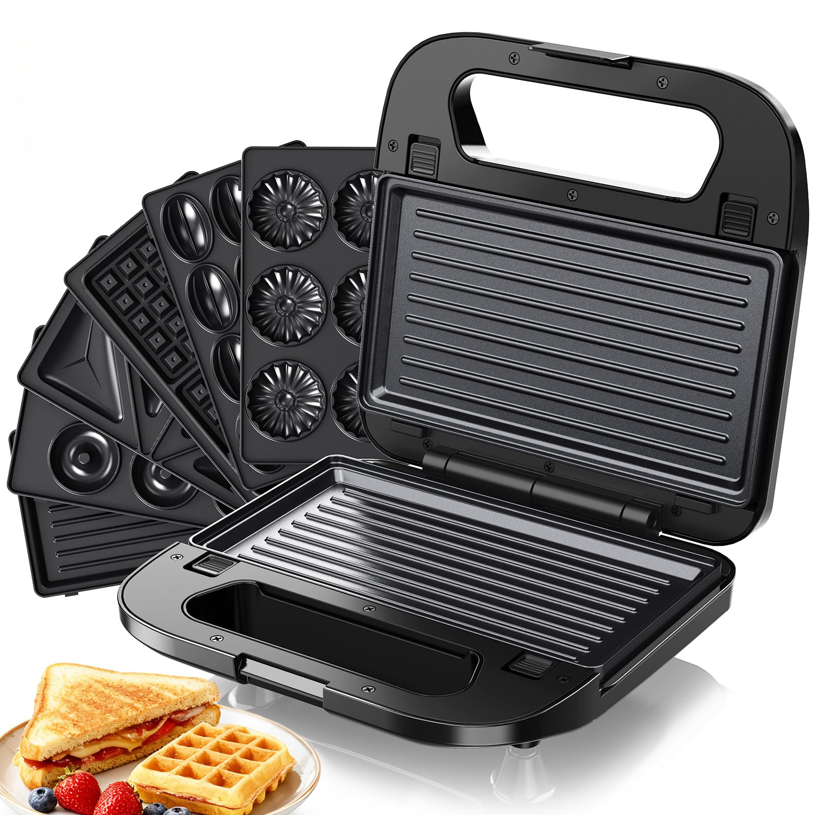 6-IN-1 Sandwich Maker, 750W Toaster Machine, Grill Plates, Waffle Baking Plates, Sandwich Plates, Donut Plates, Nut plates, Cake plates, Easy Clean, Removable Non-Stick Plates