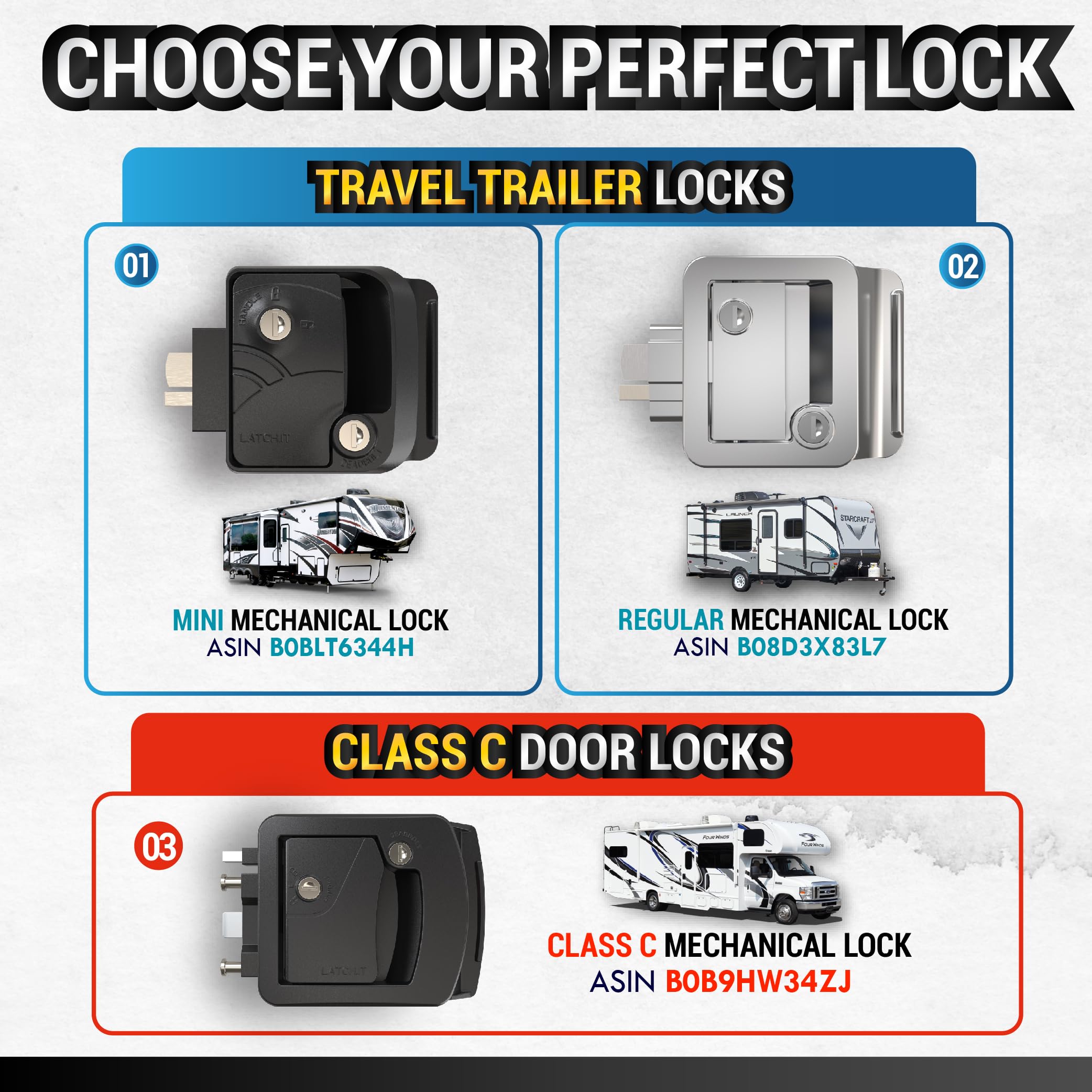 LATCH.IT Chrom-Türriegel für Wohnmobile, Wohnmobil-Türschlösser für Reiseanhänger, 100% Metall, mit 4 Camper-Schlüsseln, einfach zu installieren und passend für die meisten Personen.