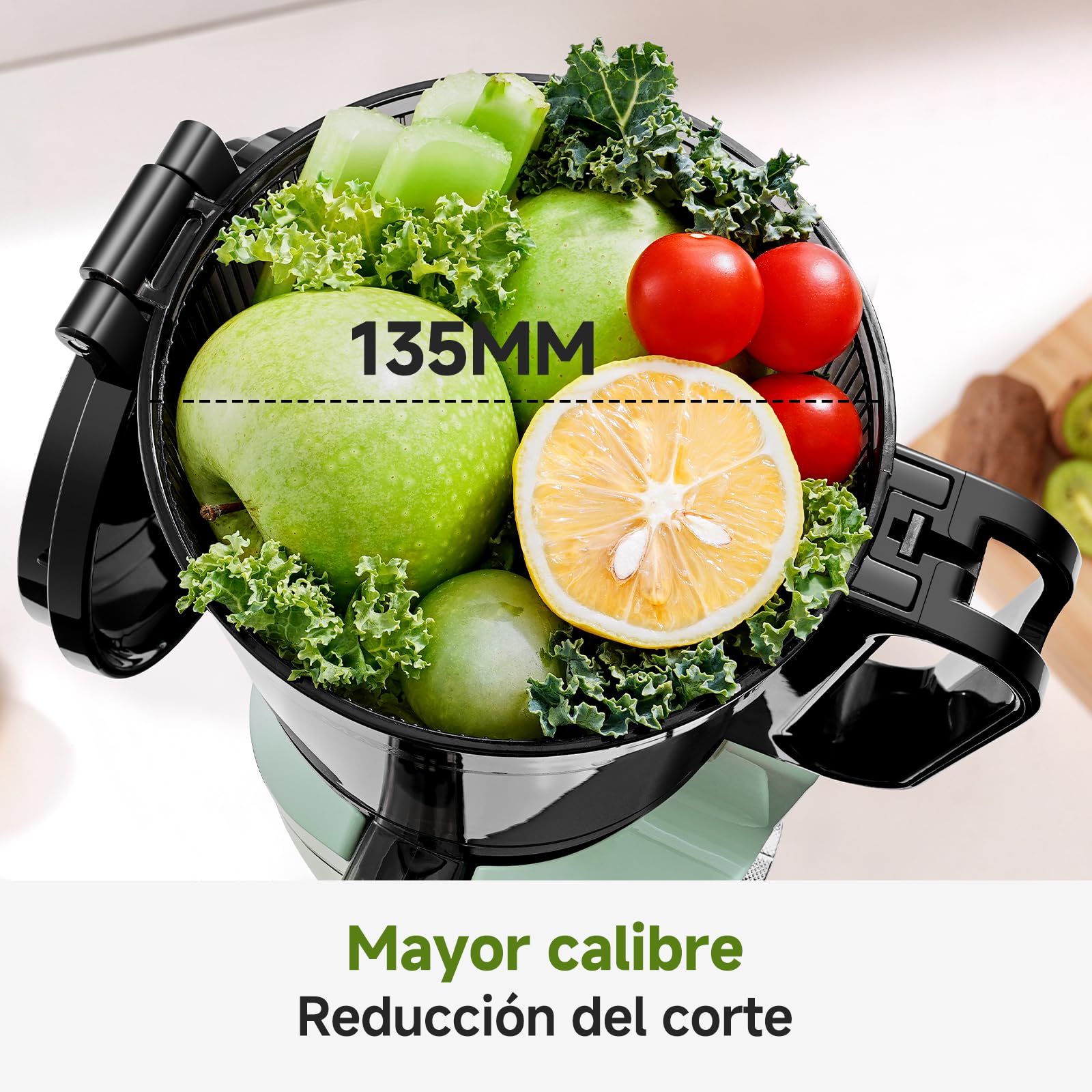 AMZCHEF Extractor de jugo automático con manos libres, apertura de 135 mm y capacidad de 1,8 L, extractor de zumo de frutas y verduras enteras, extractor de jugo lento de 250 W con triple filtro-Verde