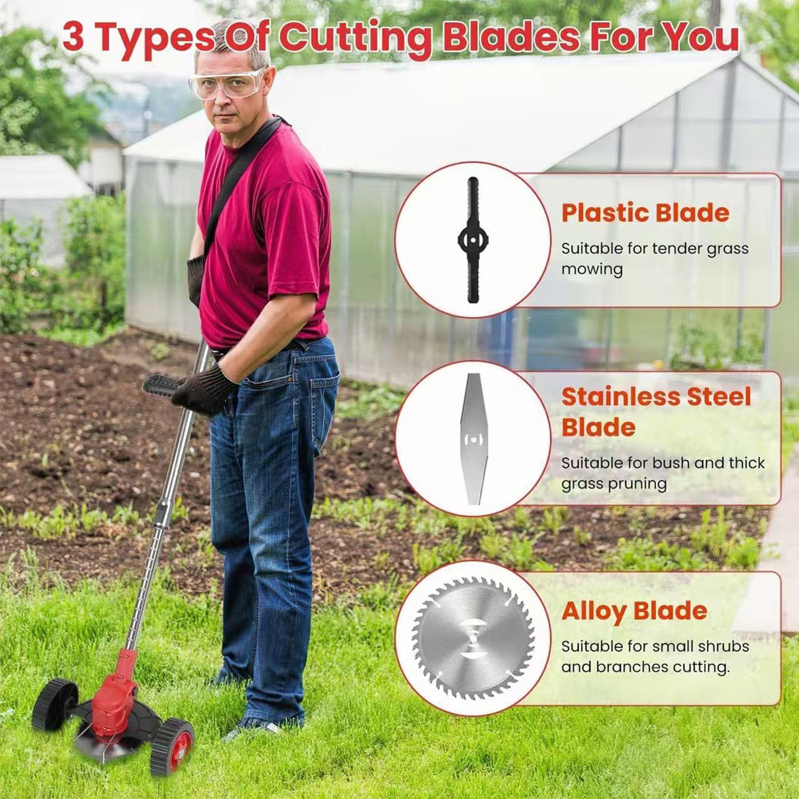Decespugliatore elettrico senza fili, leggero, con ruote, lame in metallo, include 2 batterie per bordatura e diserbo, ideale per la manutenzione del giardino