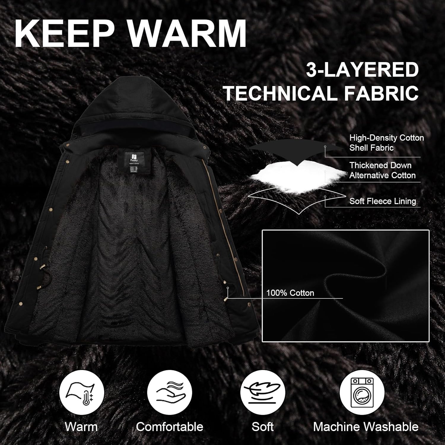 Pursky Men's Winter Military Jacket Fleece Lined Warm Cotton Coat Windproof Thicken Parka with Removable Hood - Image 4