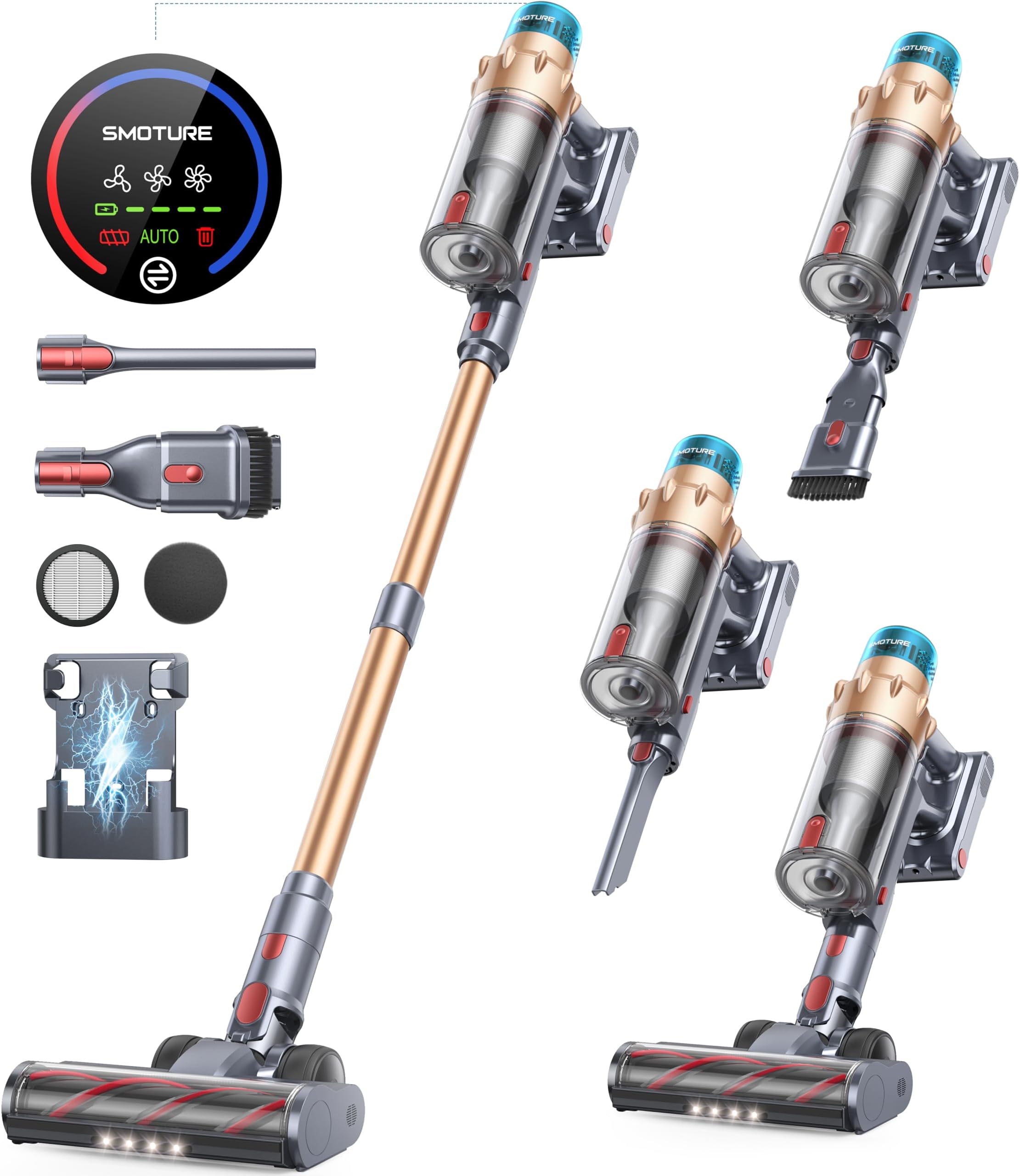 SMOTURE Cordless Vacuum Cleaner 50KPa 600W 65 Mins, 3-in-1 Stick Vacuum with Touch Screen, Anti-Tangle, Self-Standing, Wall Mount, Lightweight for Hardwood Carpet Pet Hair, VAC01