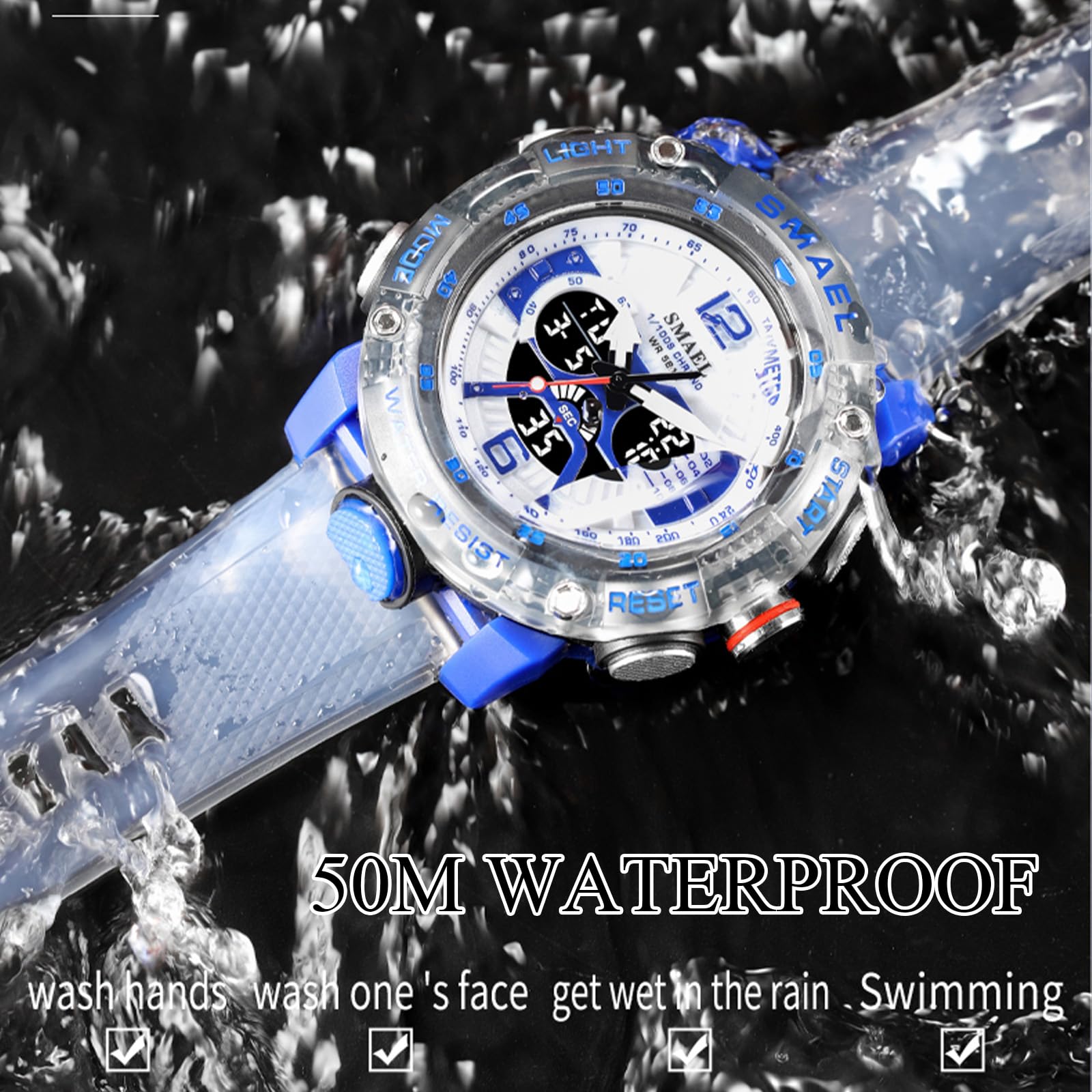 MASTOP Orologio da uomo con quadrante grande, 5 atm, per sport all'aria aperta, militare, digitale, trasparente, multifunzione, resistente all'acqua, retroilluminato, sveglia, cronometro, orologio da