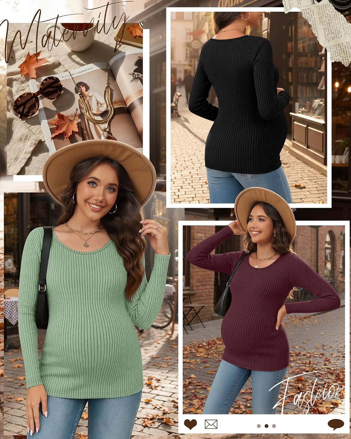 3 Pack Women's Maternity Shirts Long Sleeve Ribbed Round Neck Pregnancy Tops Casual Basic Tee Maternity Clothes - Image 3