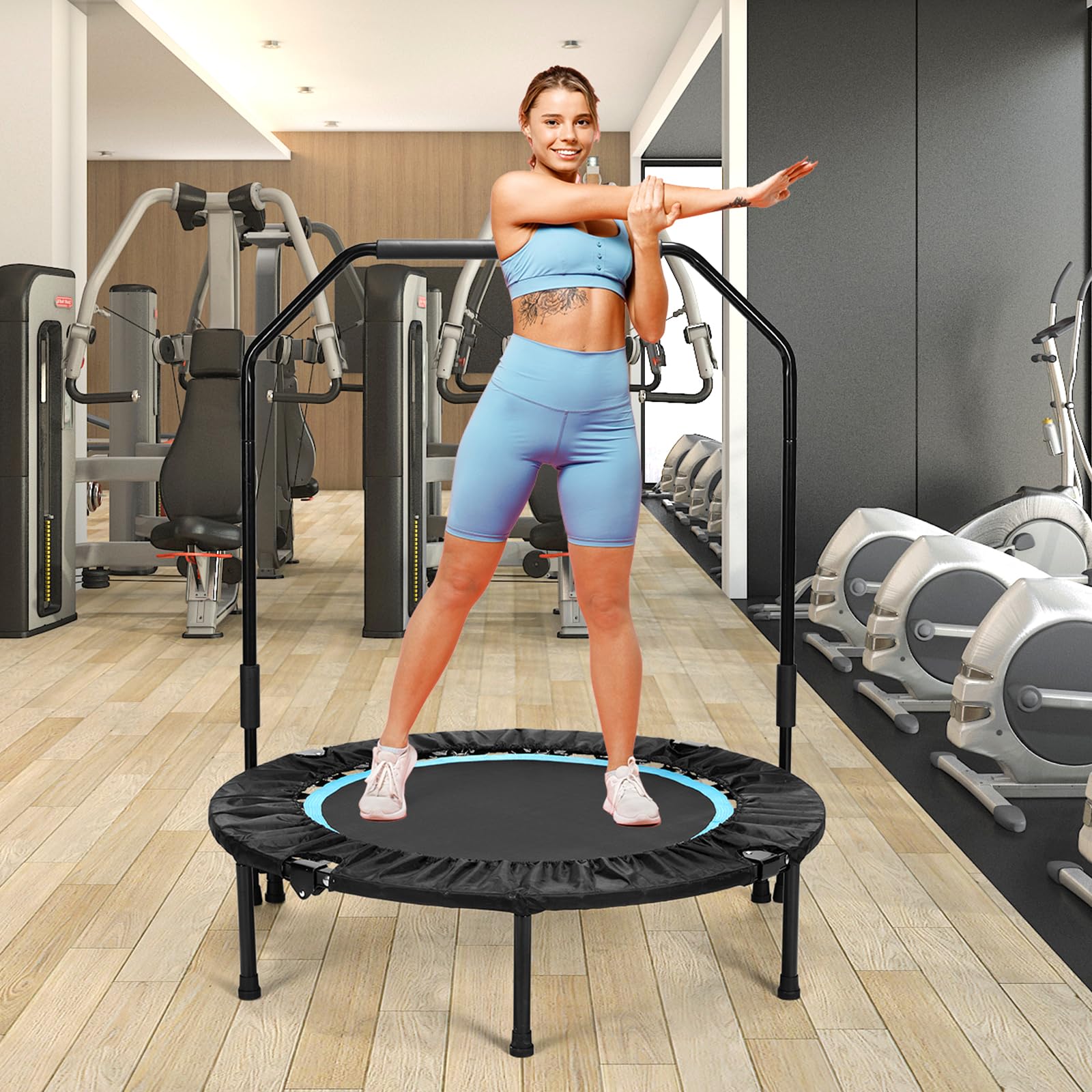 LIFERUN Trampolino fitness per interni, diametro 101 cm, capacità di carico 150 kg, rimbalzo per allenamento, con 3 livelli di maniglia regolabili, mini trampolino per adulti