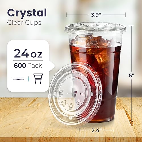 Miniatura 2 de Paquete de 600 Vasos de plástico transparente de 24 onzas con tapas planas, tazas desechables para café helado, sin BPA, taza de batido de cristal