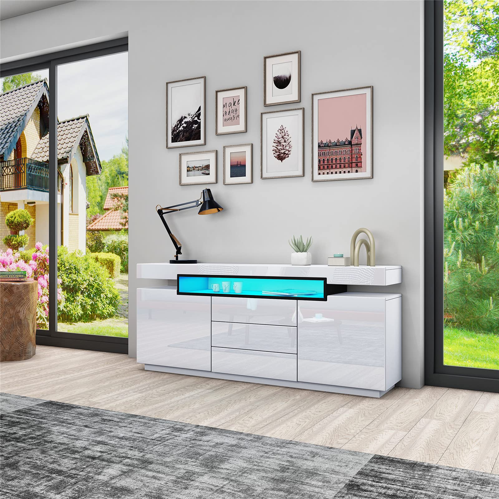 Weiß Sideboard Schrank Matt Body & Hochglanz TV Lowboard LED Beleuchtung Kommode mit 2 Türen 3 Schubladen 160cm für Wohnzimmer Esszimmer