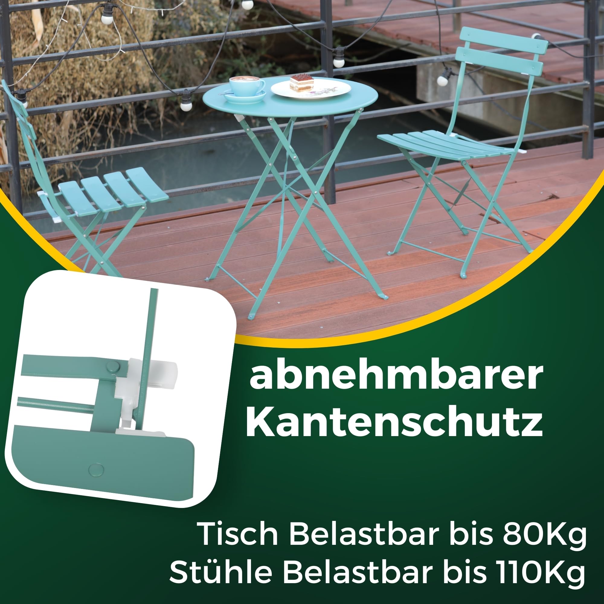 ALBATROS Set da bistrot 3 pezzi verde – tavolo da bistrot con 2 sedie – sedie pieghevoli e tavolo in metallo robusto – ideale come set di mobili da balcone o mobili da giardino dal design moderno