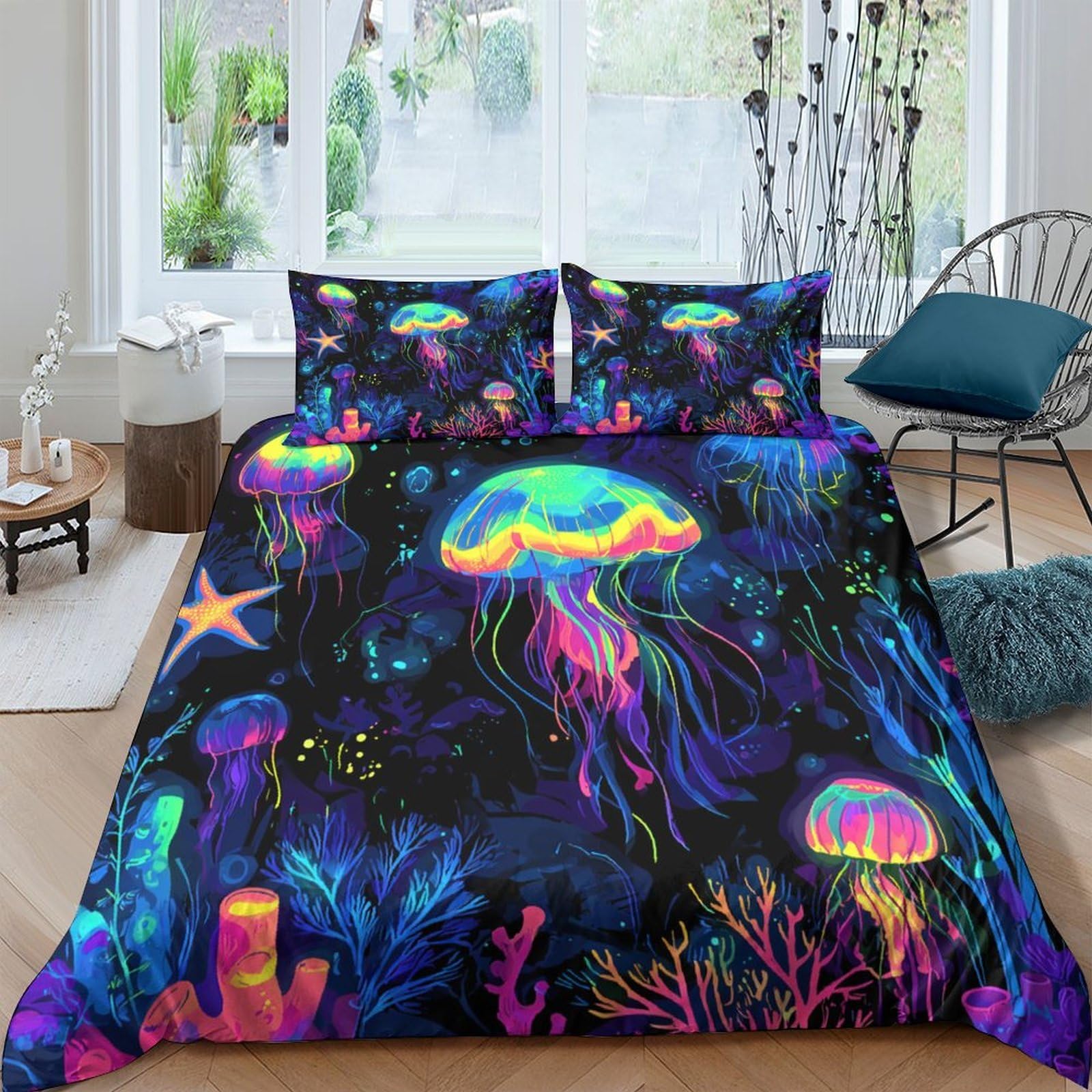 Ctjqhvkz Style-5 3D Printed Neon Jellyfish Fitted Sheet Microfiber Soft Breathable Ocean Coral Mattress Cover For Bedroom Dorm Decor Single（135X200cm）