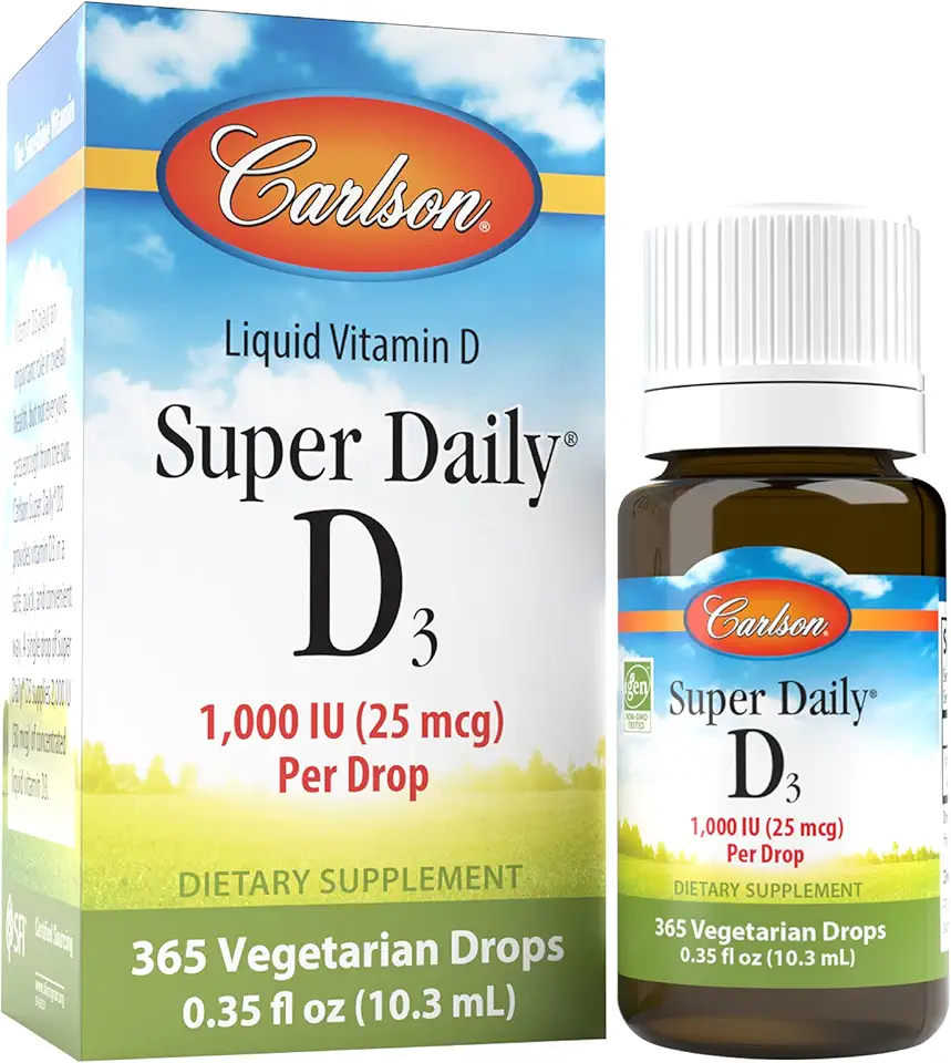 Carlson - Super Daily D3, Vitamin D Drops, 1,000 IU (25 mcg) per Drop, 1-Year Supply, Vitamin D3 Liquid, Heart &amp; Immune Health, Vegetarian, Liquid Vitamin D3 Drops, Unflavored, 365 Drops