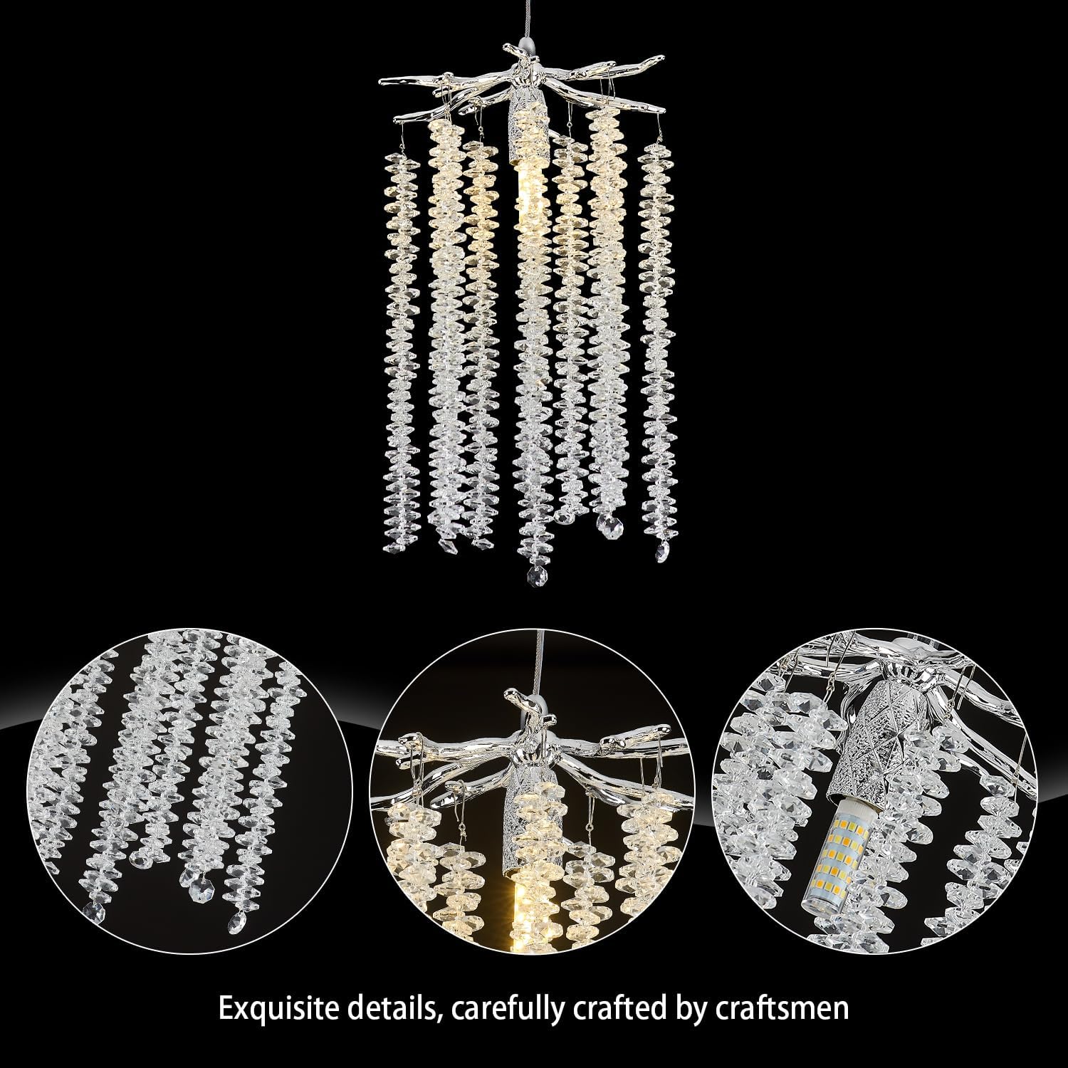 Tree Branch Chandelier 8inch Silver Modern Round Crystal Chandelier Ceiling Pendant Light Fixtures for Dining Room Kitchen Island Living Room Bedroom