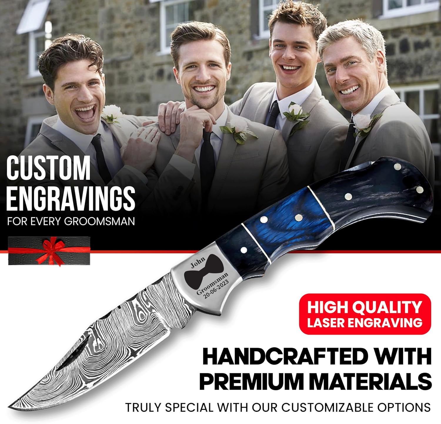 Set of 6 - Personalized Damascus Pocket Knife for Groomsmen -With Leather Sheaths - Custom Engraved Pocket Knives | Groomsman Gifts for Wedding, Groomsmen Proposal Gifts