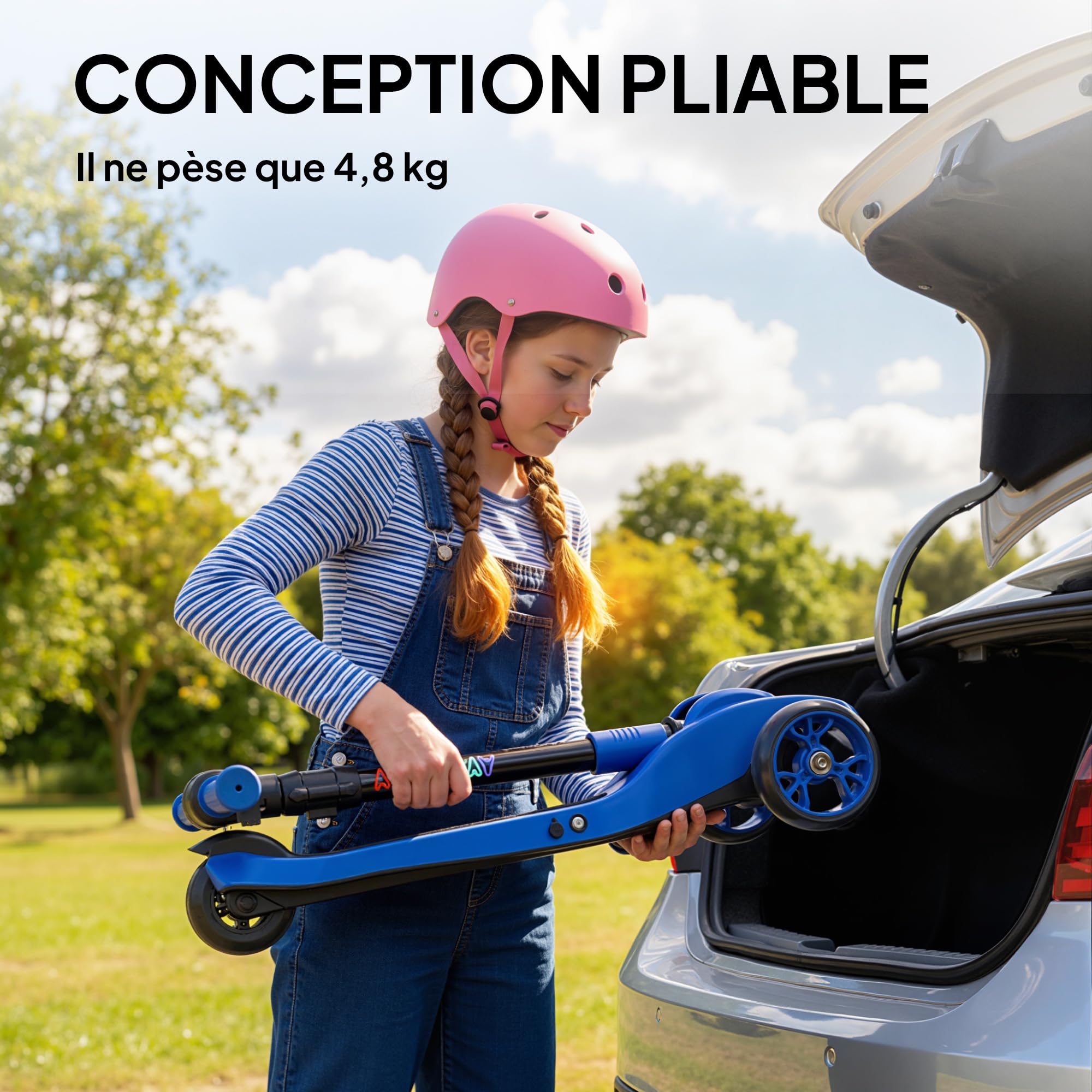 AIYAPLAY Patinete eléctrico para niños Plegable, Patinete eléctrico 6+ Años, 3 Ruedas, arranque cero, velocidad máxima 8 km/h, luces LED coloridas, autonomía 8 km, freno de pie, azul