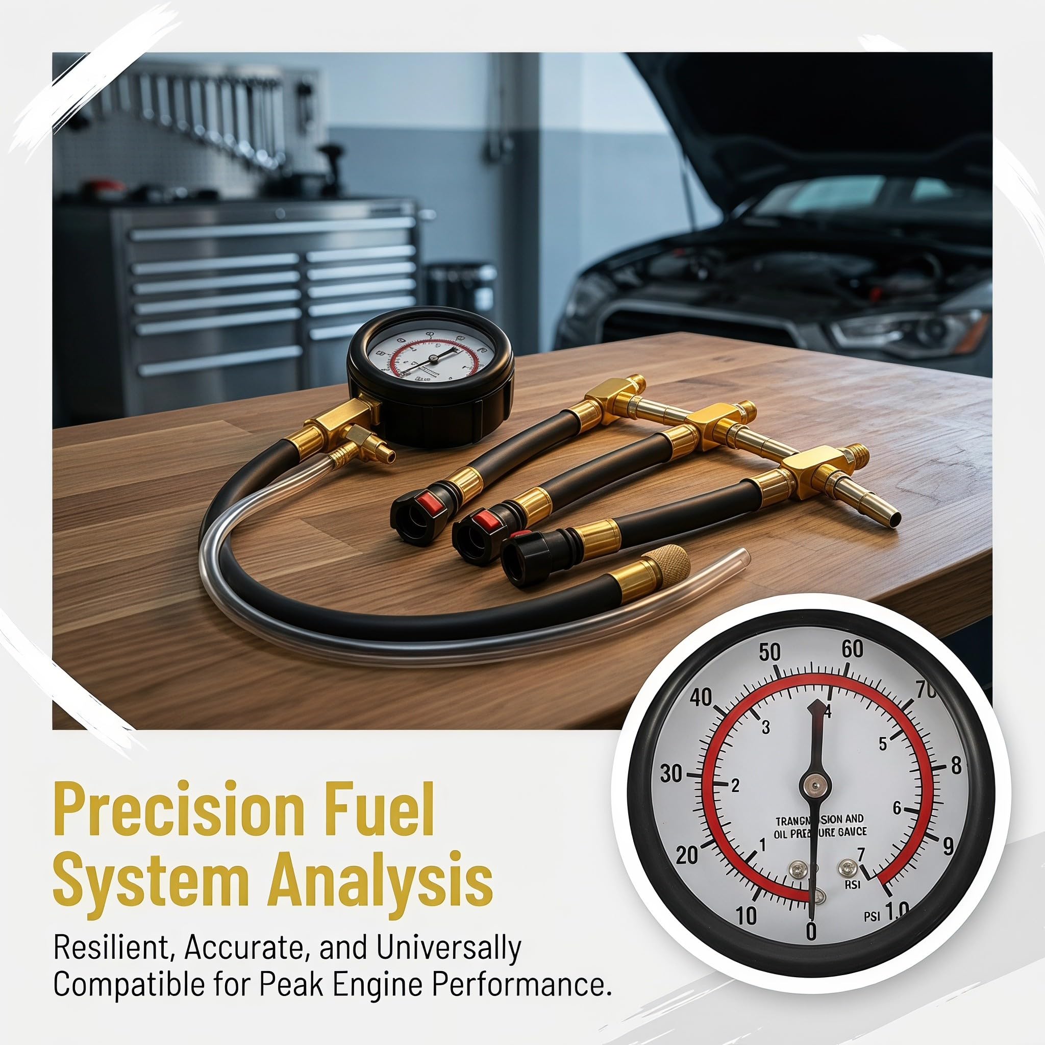 YARNOW 1 Juego de Kit de Prueba de presión de Combustible de 0 a 100 PSI con Conexiones de línea de Combustible de 6.3, 7.89 y 9.49 - Manómetro de presión de Gasolina, Herramienta de Prueba para
