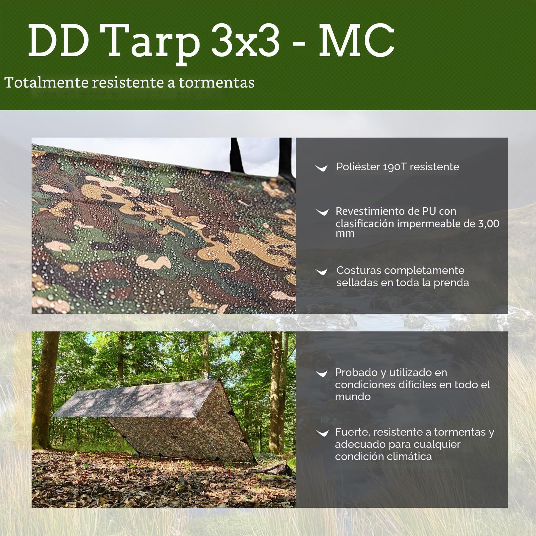 DD Hammocks - DD Tarp 3x3 - MC - Refugio Ligero de Lona de Camuflaje para Hamaca, Camping y Aventura al Aire Libre