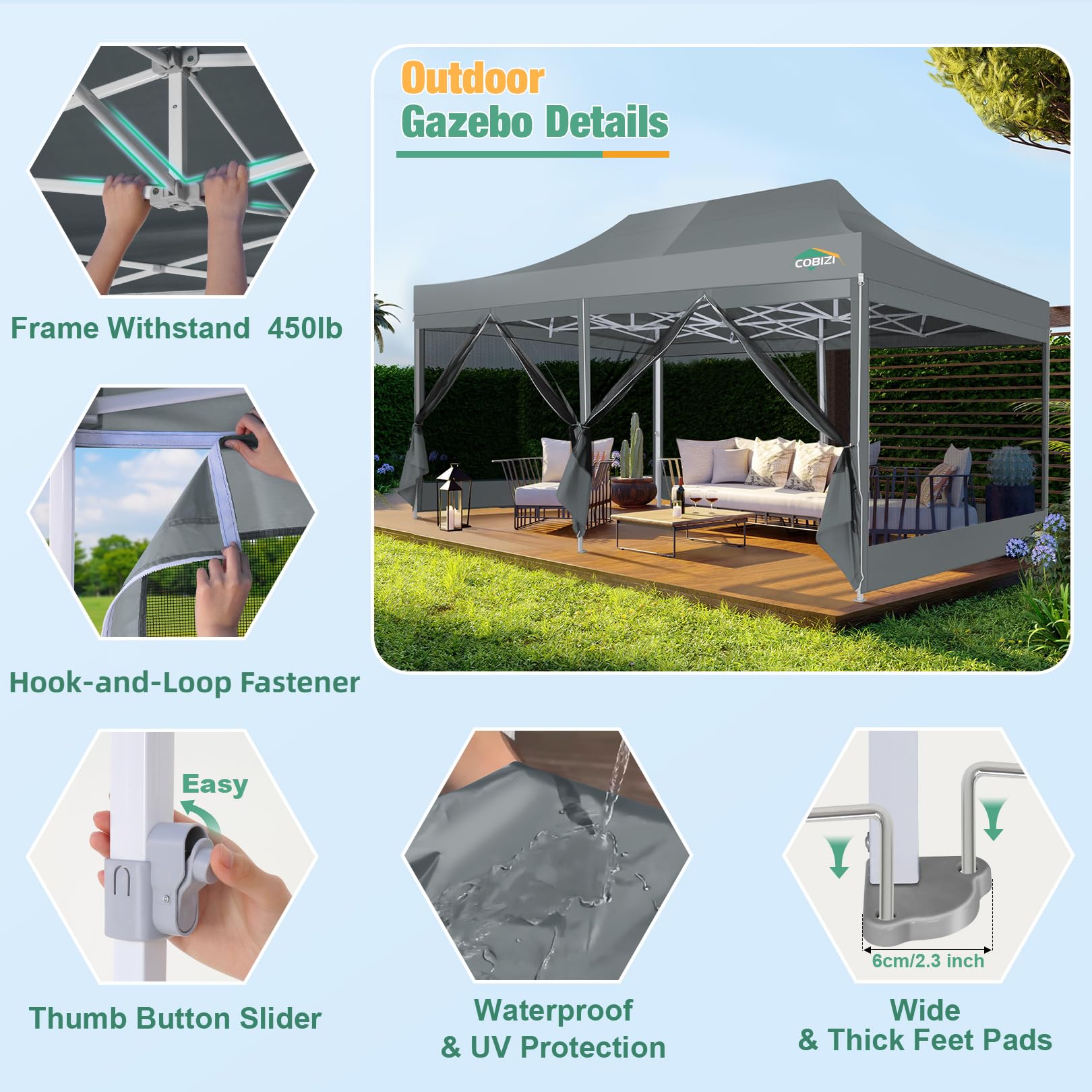 COBIZI Tonnelle 3x6 m imperméable et Stable, pavillon Pliant 3x6 avec 6 moustiquaires, Toile Oxford 420D, Anti‑UV UPF 50+, Montage Rapide, Hauteur réglable, Sac de Transport à roulettes, Gris