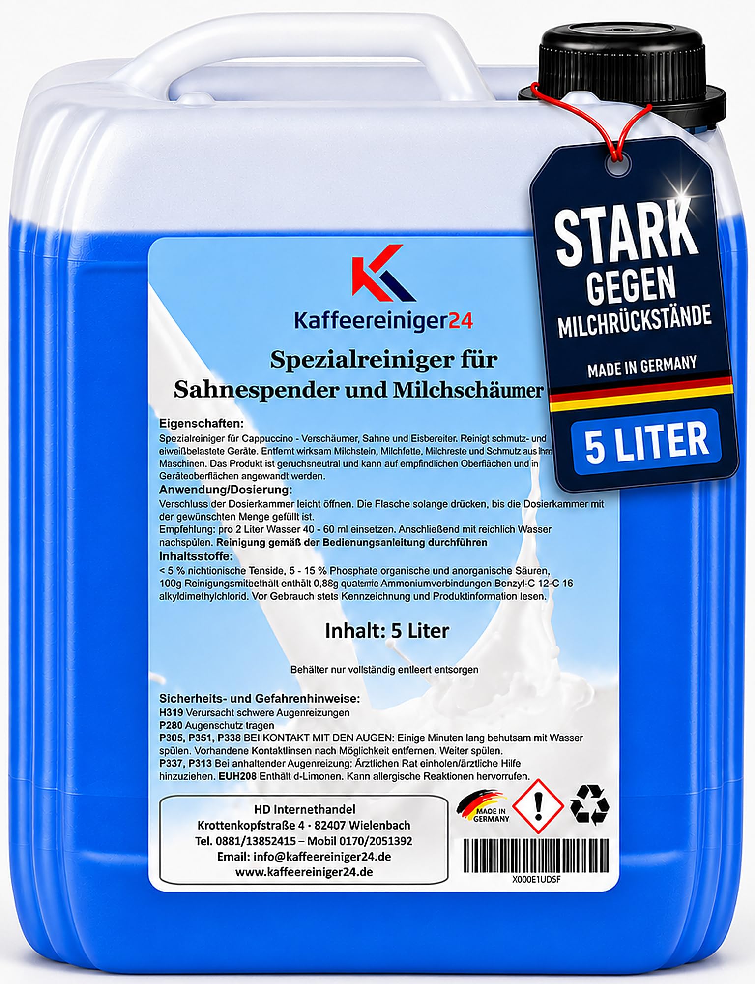 Kaffeereiniger24 - Limpiador de sistema de leche (5 L, compatible con Jura, DeLonghi, WMF, Saeco y Melitta, limpiador de espuma de leche para cafeteras automáticas)