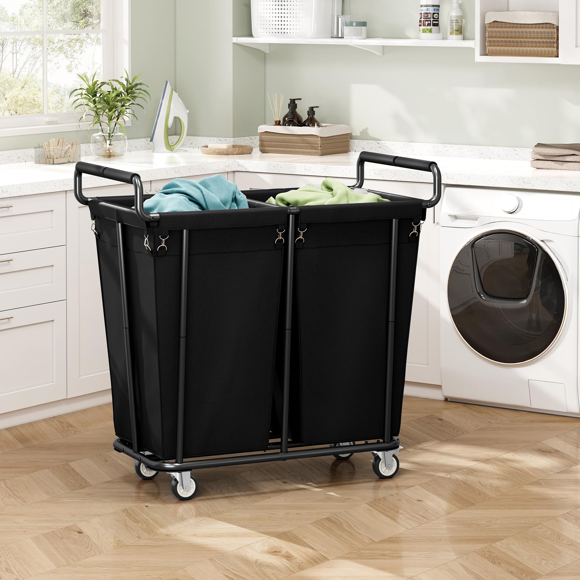 Gewudraw Panier à Linge, 360L Chariot Linge Sale, 2 Compartiment Bac Linge