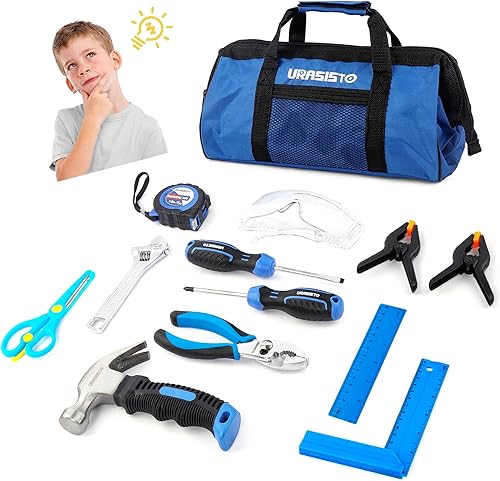 Juego de herramientas para niños de 12 piezas con bolsa de almacenamiento de herramientas, kit de herramientas de mano real para niños y niñas,