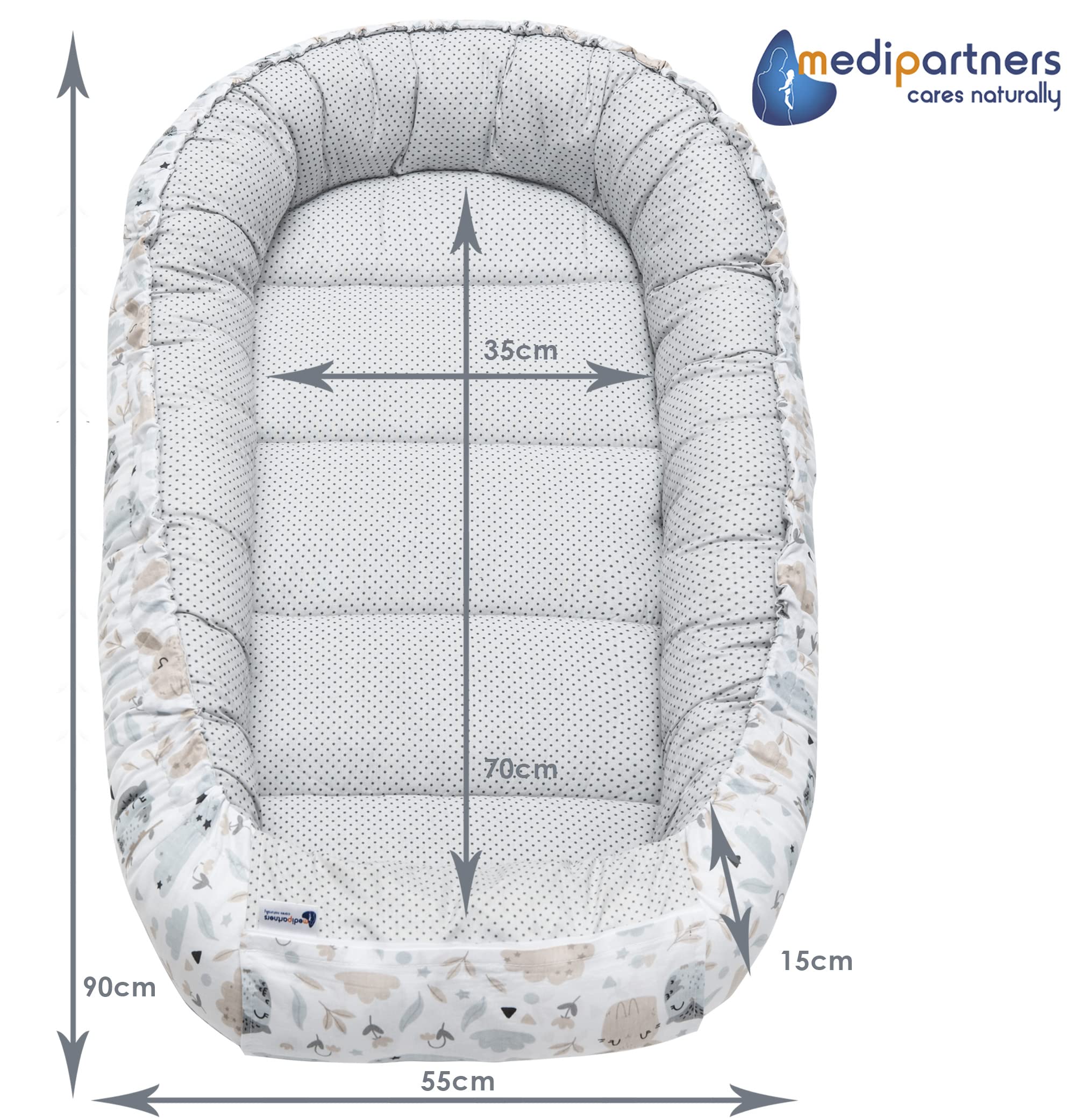Medi Partners Nido per Neonato Bozzolo Neonati 100x60x15 Babynest 100% Cotone Inserto Removibile Cocoon Baby Multifunzionale Riduttore per Bambini (Radura con grigio Minky)