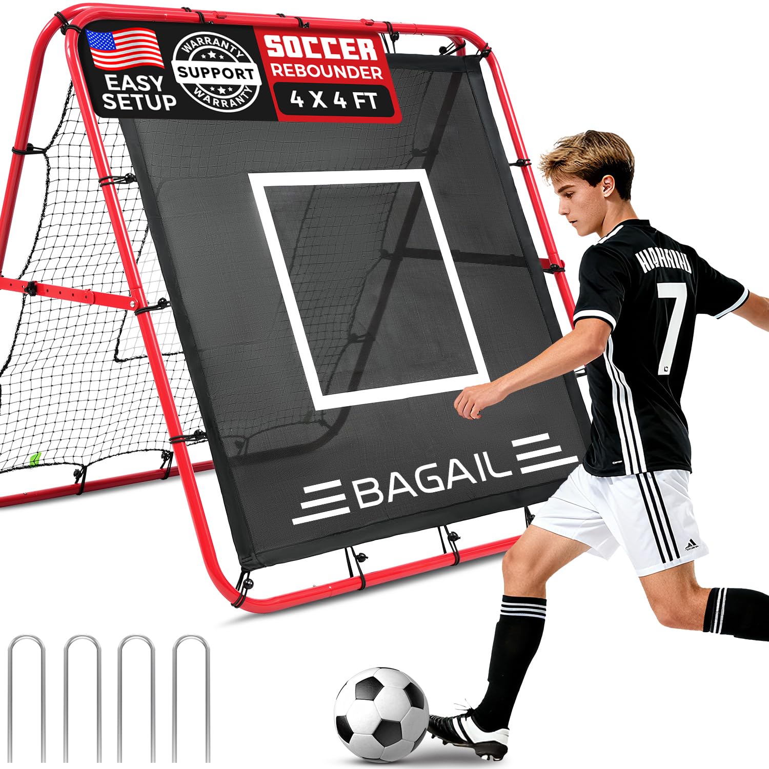BAGAIL Rete Rebounder Doppio Lato, Pali Dipinti Rinforzati, Angoli Regolabili, Struttura Foderabile, Rete Rebound con Target per Allenamento Abilità, Obiettivi Calcio Portatili per Giardino