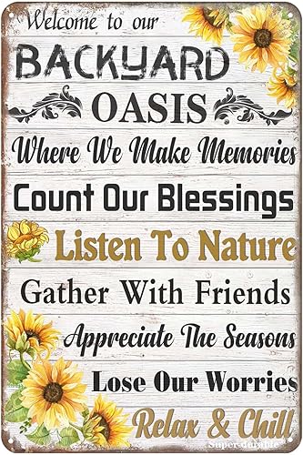 Super durable Letrero de hojalata vintage con texto en inglés "Welcome to Our Backyard Oasis", letrero de decoración de pared para patio, piscina,