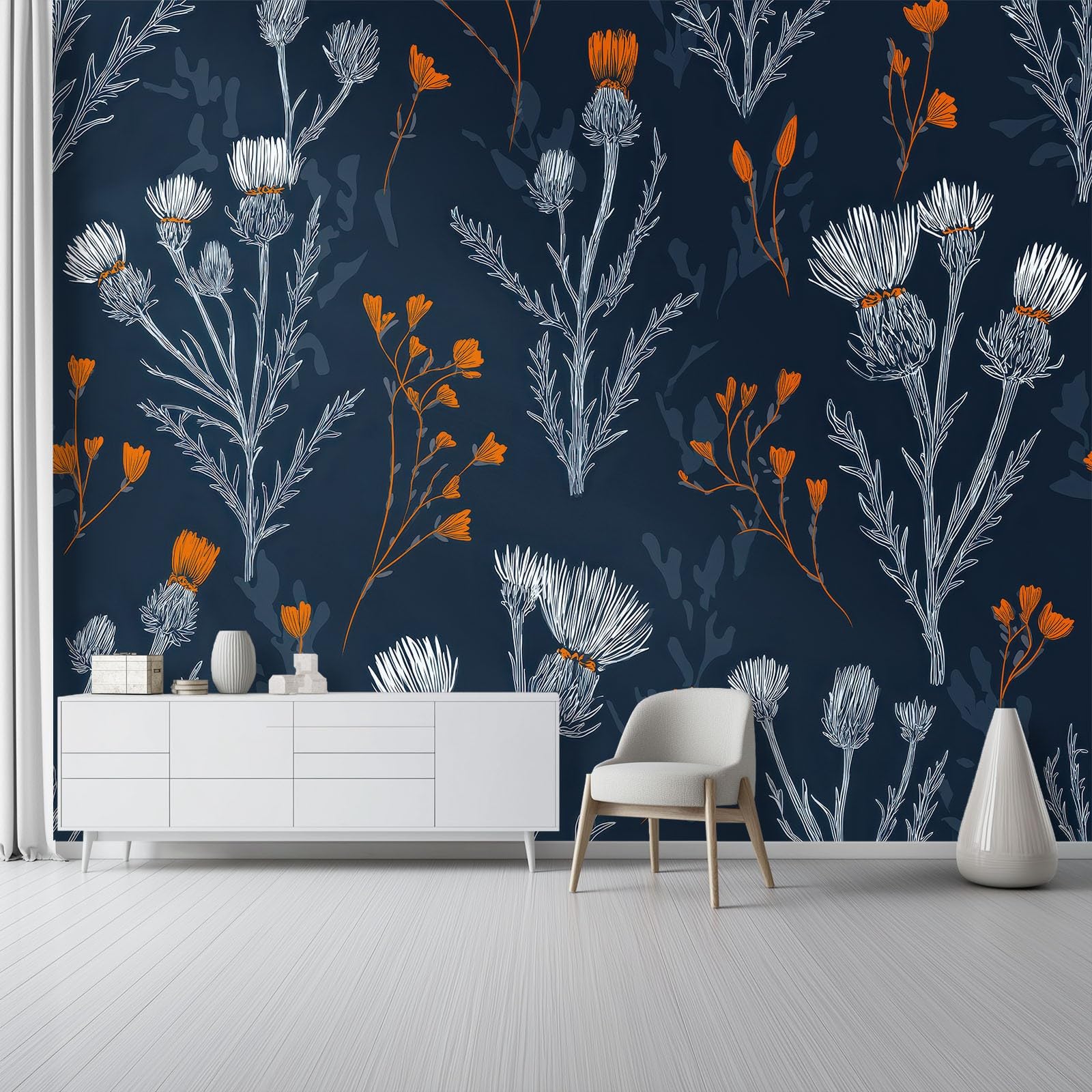 Fototapeta Ręcznie Rysowana Ciemnoniebieska Roślina Kwiaty Trawa Tapeta Włóknina Dekoracja Salon Sypialnia Biuro, 300 x 210 cm