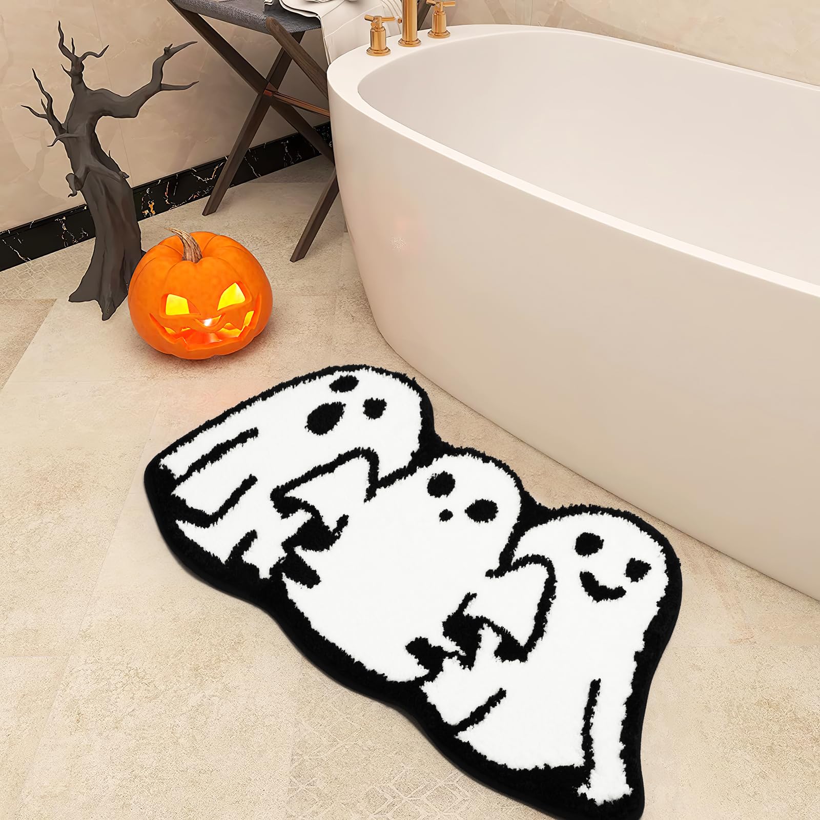 Zecnaud Tappetino da bagno per Halloween, motivo fantasma, tappetino antiscivolo, tappetino da bagno per Halloween, tappetino da bagno, tappetino decorativo per Halloween, morbido e assorbente, per la