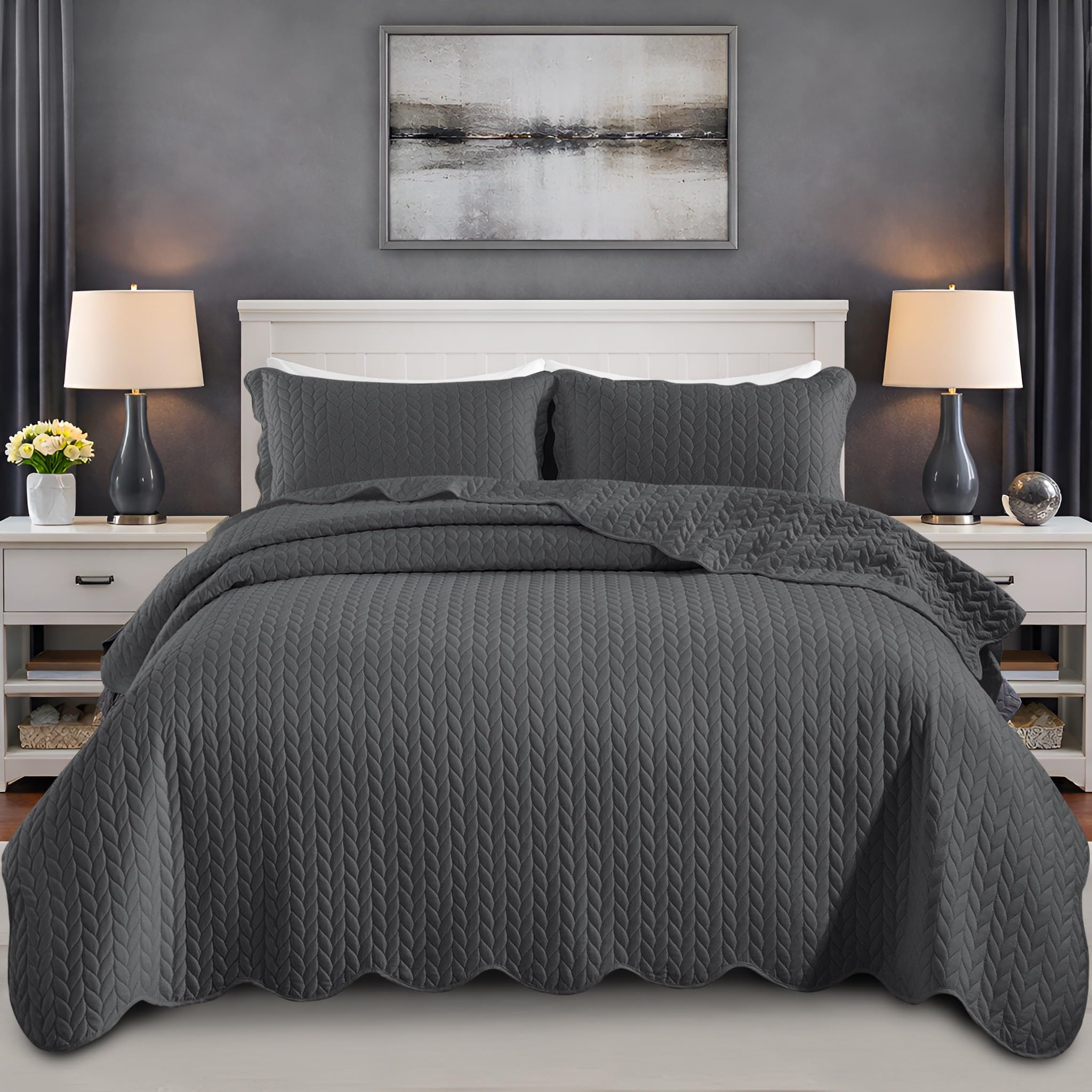 Twin Quilt Set Bedspread Coverlet Microfiber Bedding Leaf Charcoal 68x86
