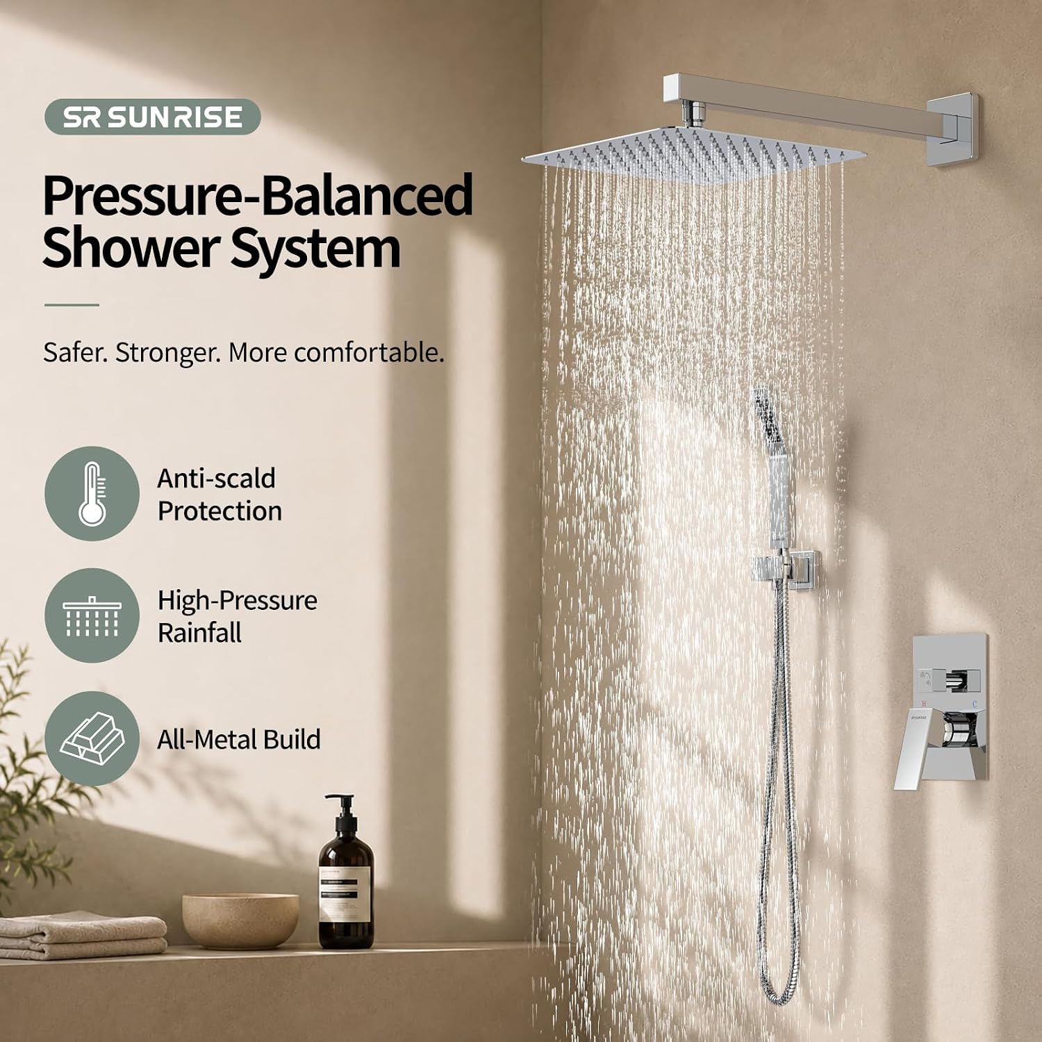 SR SUN RISE Shower Faucet Set 10-Inch Rainfall Shower Head Polished Chrome image 2
