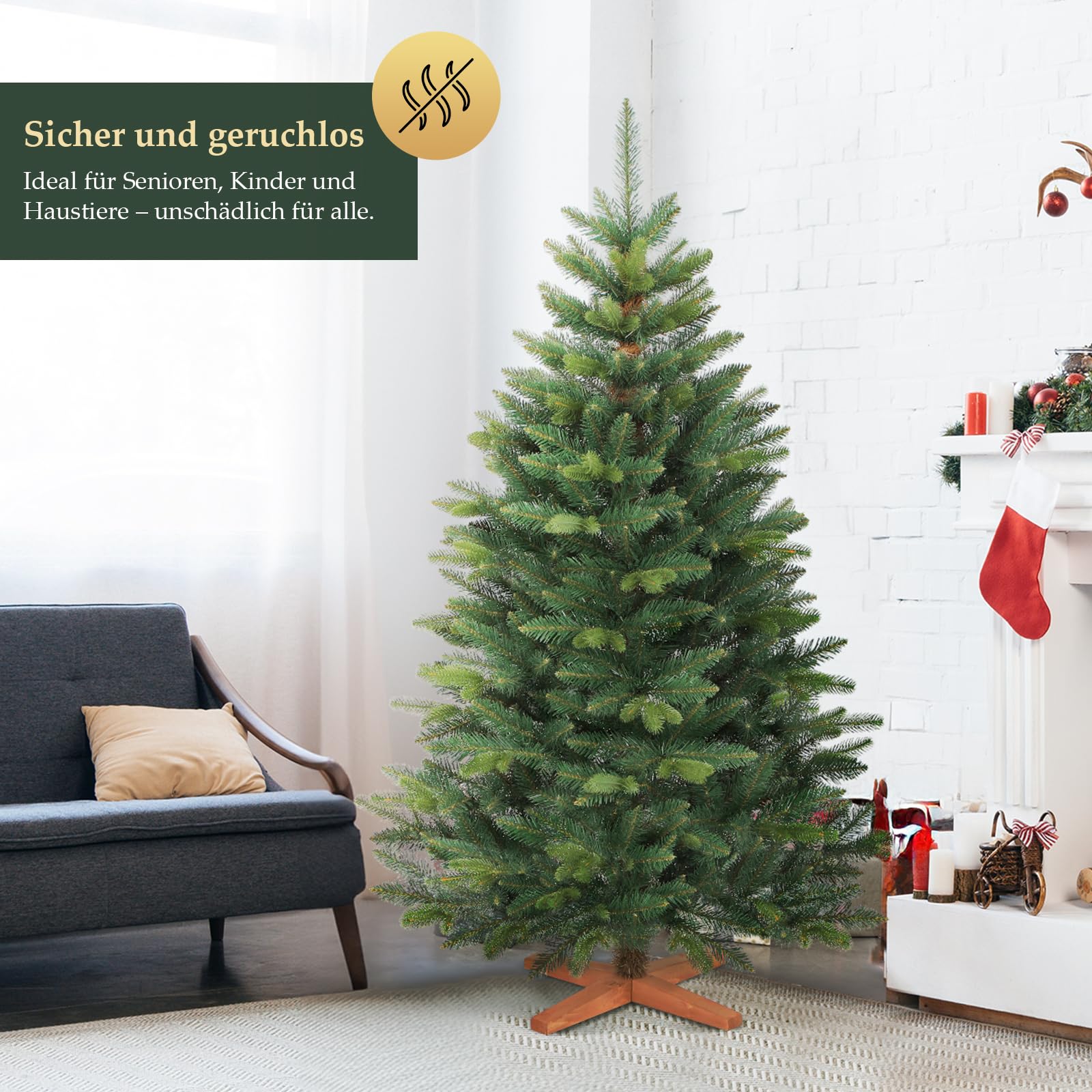 SALCAR 180cm Künstlicher Weihnachtsbaum Premium, Nordmanntanne mit Holzständer, Realistische PE+PVC Tannenbaum, Einfacher Aufbau für Ihre Weihnachtsdekoration
