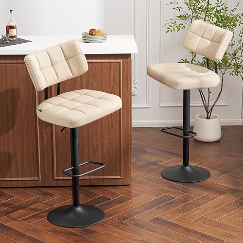Miniatura 3 de Furniliving Juego de 2 taburetes de bar modernos, de piel sintética, tapizados con respaldo, sillas de bar ajustables, altura de mostrador para isla